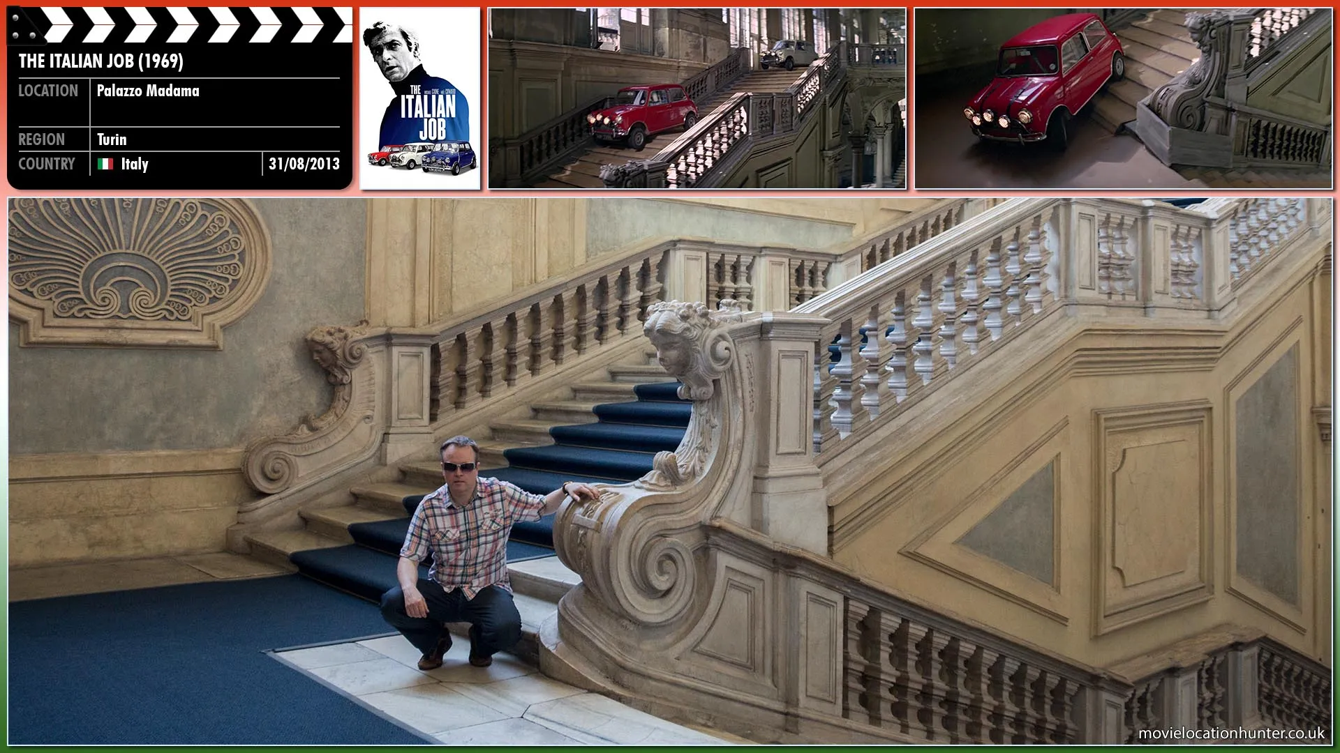 Filming location photo, shot in Italy, for The Italian Job (1969). Scene description: The minis drive through a palace and down some large steps exiting the palace.