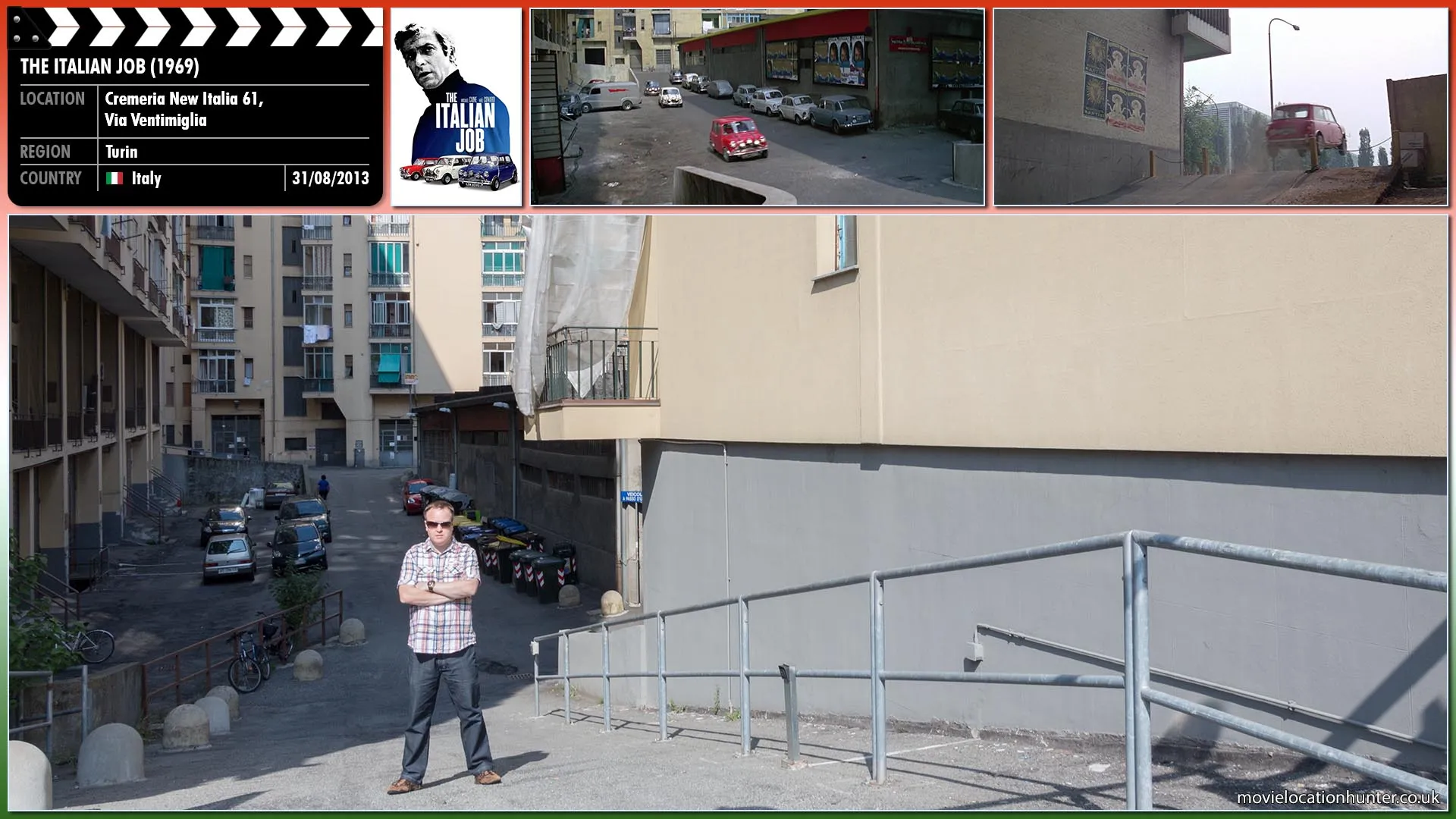 Filming location photo, shot in Italy, for The Italian Job (1969). Scene description: The minis drive through a back alley trying to lose the police before driving back out into the streets.