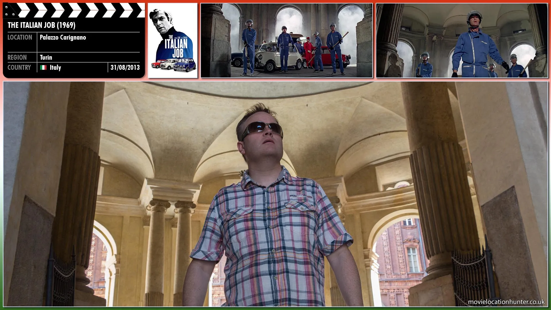 Filming location photo, shot in Italy, for The Italian Job (1969). Scene description: The gang converge on the gold convoy, overpower the guards, pull the armoured car into the entrance hall of the Palazzo Carignano, and lock the doors.  Then thumping can be heard coming from the doors as the police use a truck to try and ram it open.