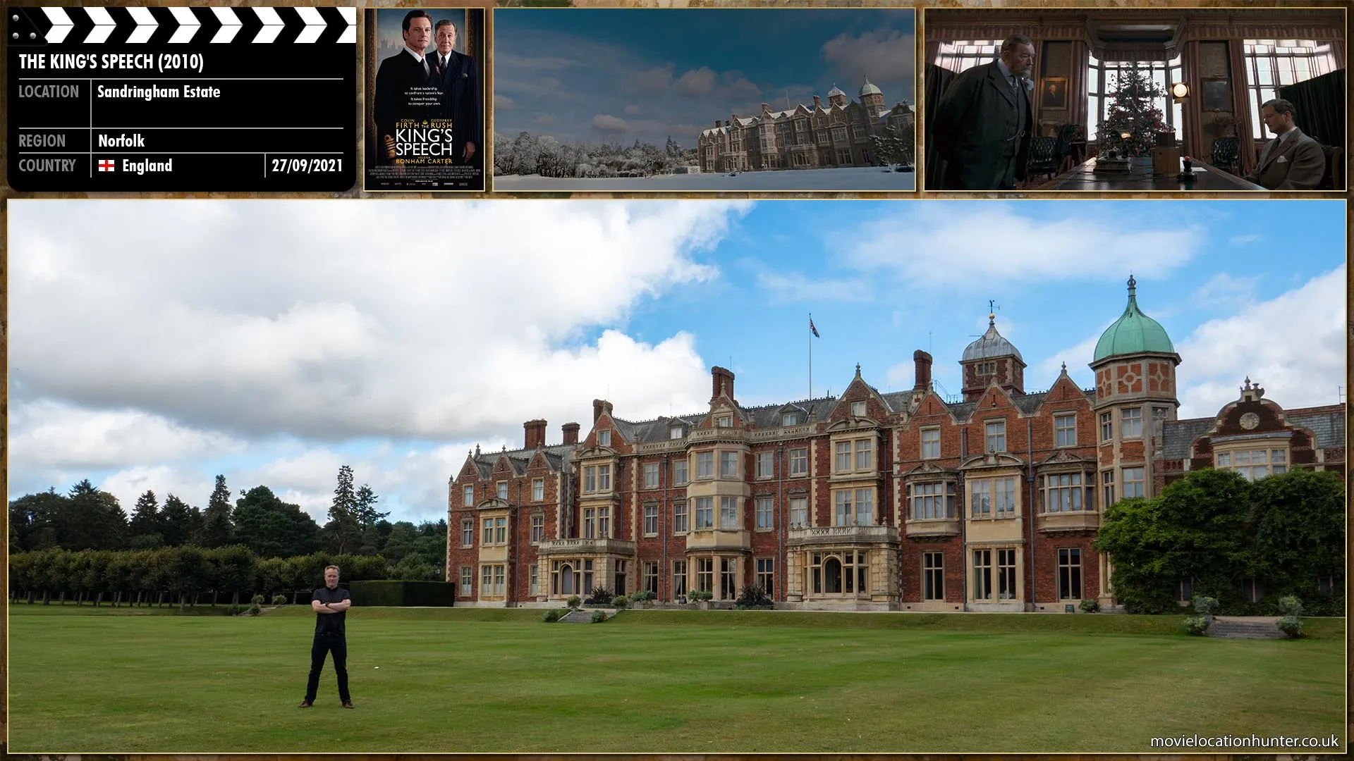 Filming location photo, shot in England, for The King's Speech (2010). Scene description: King George V (Michael Gambon) is giving his Christmas address via the radio at the Sandringham Estate.  Once the broadcast is complete the king looks at Bertie (Colin Firth) and encourages him to try the microphone. In the presence of his father, Bertie’s stammering returns in full form, his breathing short and shallow, the neck muscles in spasms.