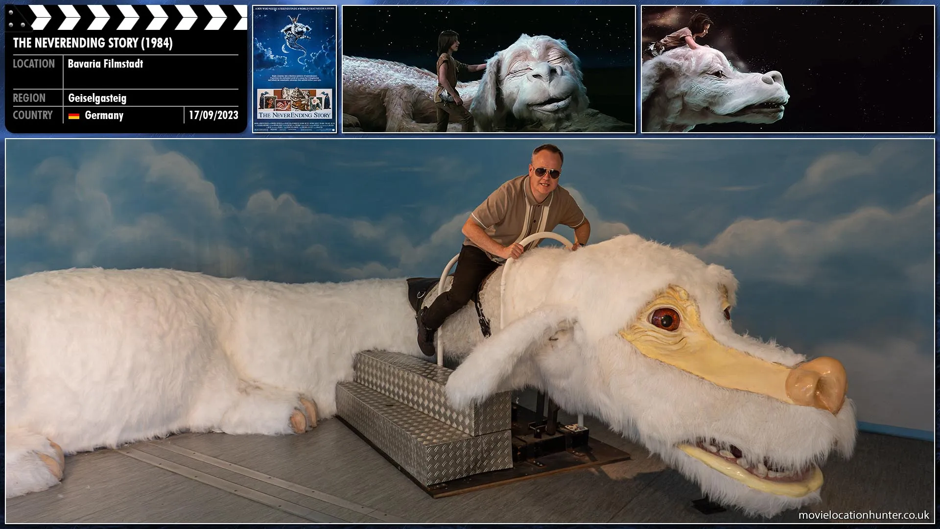 Filming location photo, shot in Germany, for The NeverEnding Story (1984). Scene description: In 1985, after The NeverEnding Story was finished being filmed, the original Falkor was moved into the Bavaria Movie Studios Museum where he is currently on public display.  the years the puppet deteriated and over the years it was restored to various degrees of success until eventually in 1993 the puppet underwent a comphrehensive restoration. This also involved meeting new health and safety standards meaning the original teeth, tongue, claws and plastic scales were removed. The only original parts on Falkor today are his pearl plated eyes, and his head in general.