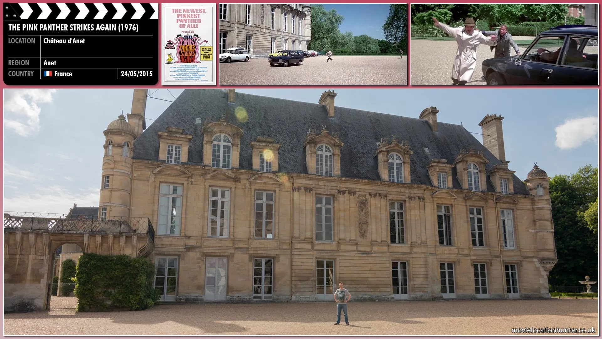 Filming location photo, shot in France, for The Pink Panther Strikes Again (1976). Scene description: At a psychiatric hospital, former Chief Inspector Dreyfus (Herbert Lom) has all but recovered from his obsession to kill Inspector Clouseau (Peter Sellers) when unannounced, Clouseau arrives driving Dreyfus insane again.