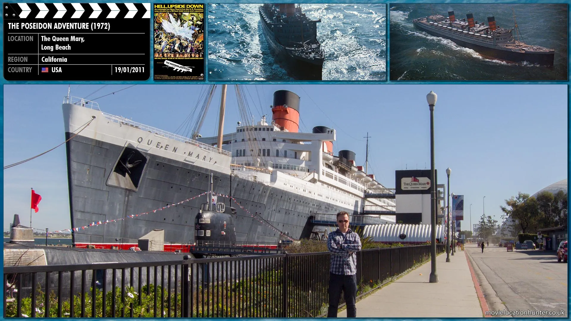 Filming location photo, shot in USA, for The Poseidon Adventure (1972). Scene description: The SS Poseidon, a trans-Atlantic passenger steamship slated for retirement, is making its way across the Atlantic from New York City to Athens on its last voyage. On the bridge, company representative Linarcos (Fred Sadoff) orders the ship's master, Captain Harrison (Leslie Nielsen), to empty ballast and proceed at full speed, against the Captain's better judgement.