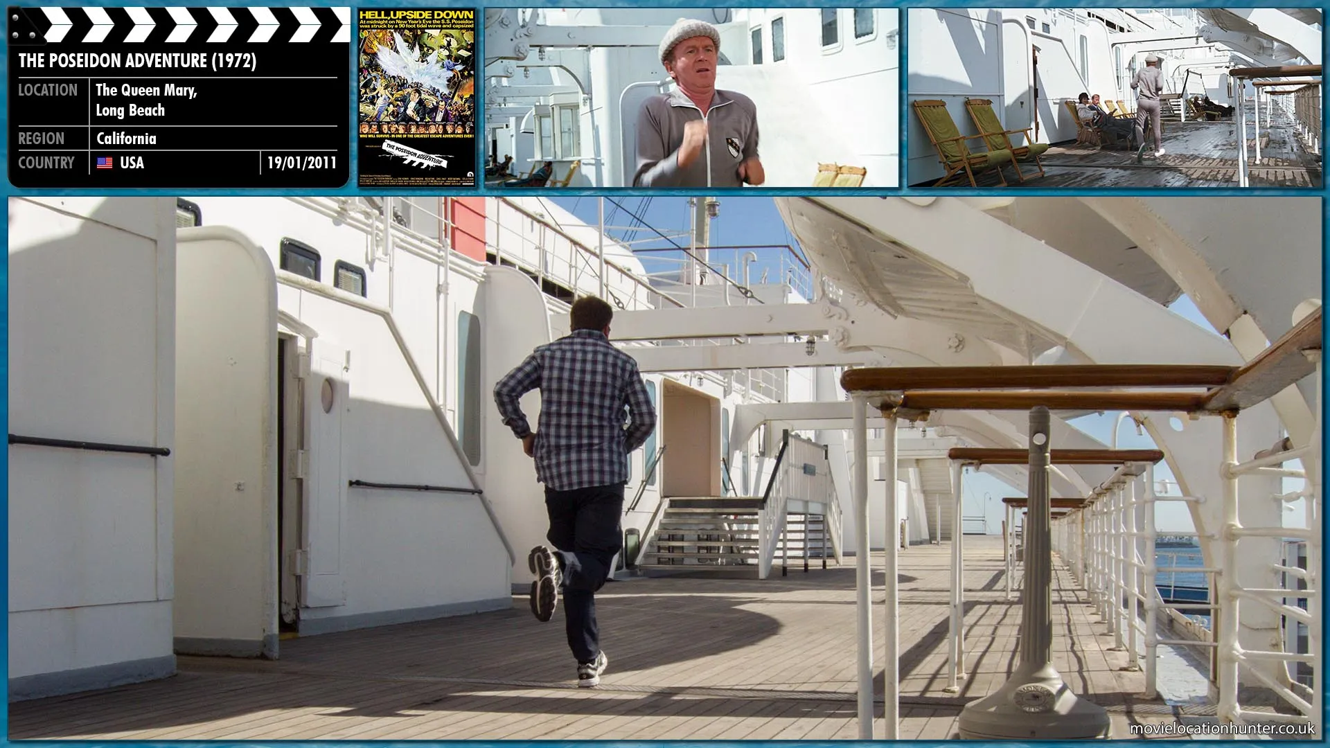 Filming location photo, shot in USA, for The Poseidon Adventure (1972). Scene description: Haberdasher James Martin (Red Buttons) is a love-shy, health-conscious bachelor enjoying a run along the deck.