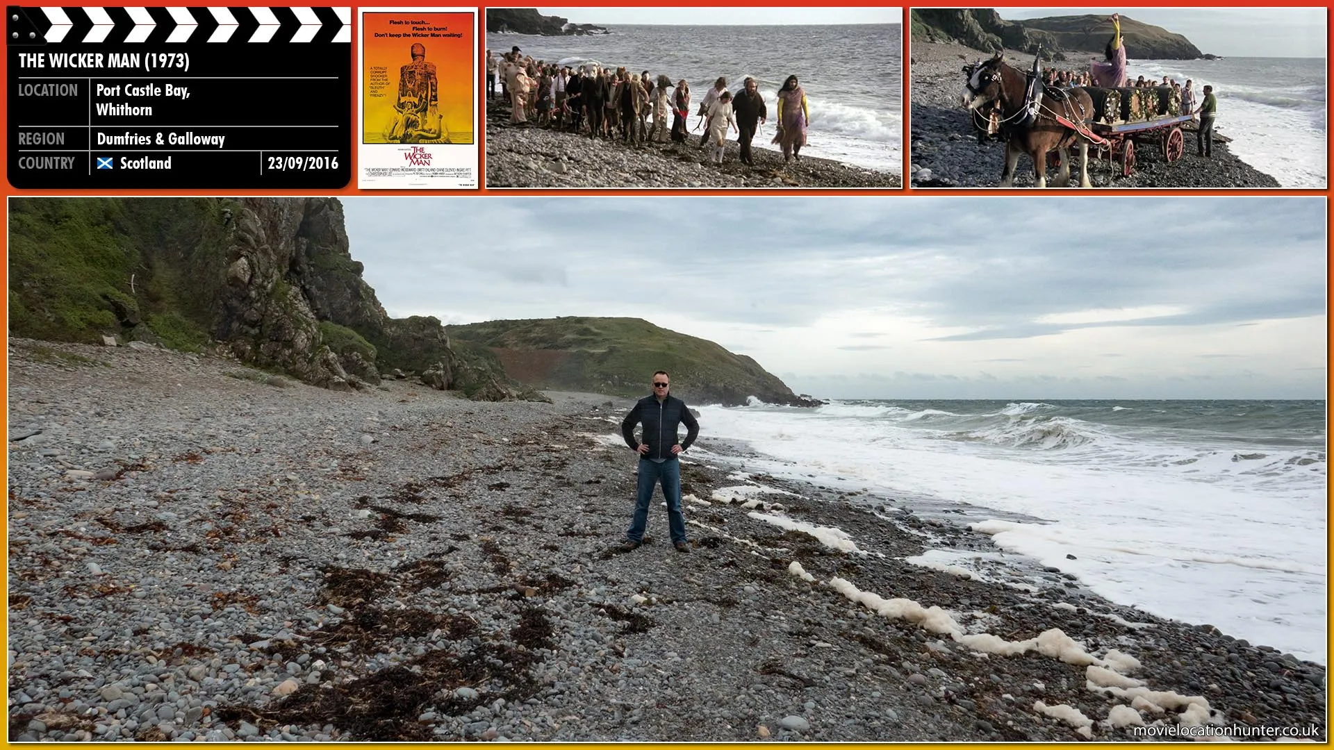 Filming location photo, shot in Scotland, for The Wicker Man (1973). Scene description: Lord Summerisle leads the islanders as they cavort through the town and to the sea performing harmless sacrifices to the various lesser gods.