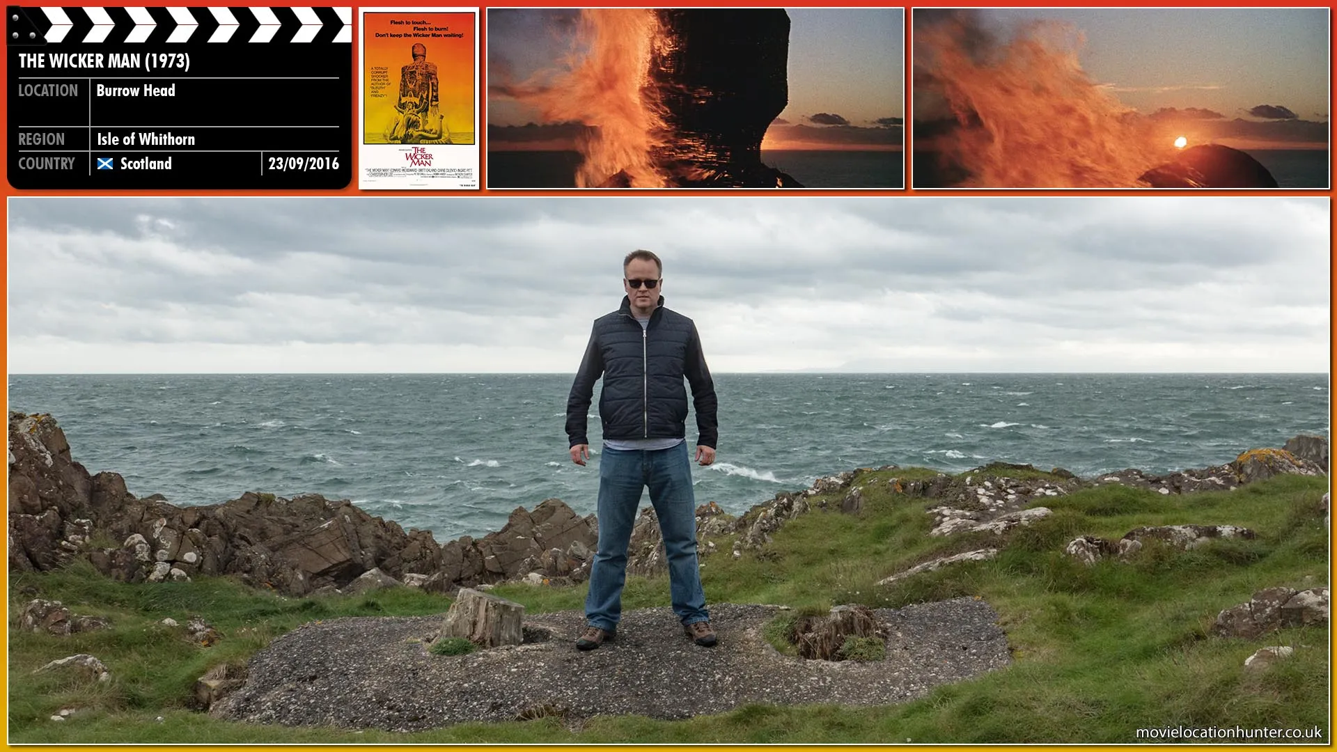 Filming location photo, shot in Scotland, for The Wicker Man (1973). Scene description: A second Wicker Man was built on this spot for the final scene on the film where it collapses to reveal the sunset.