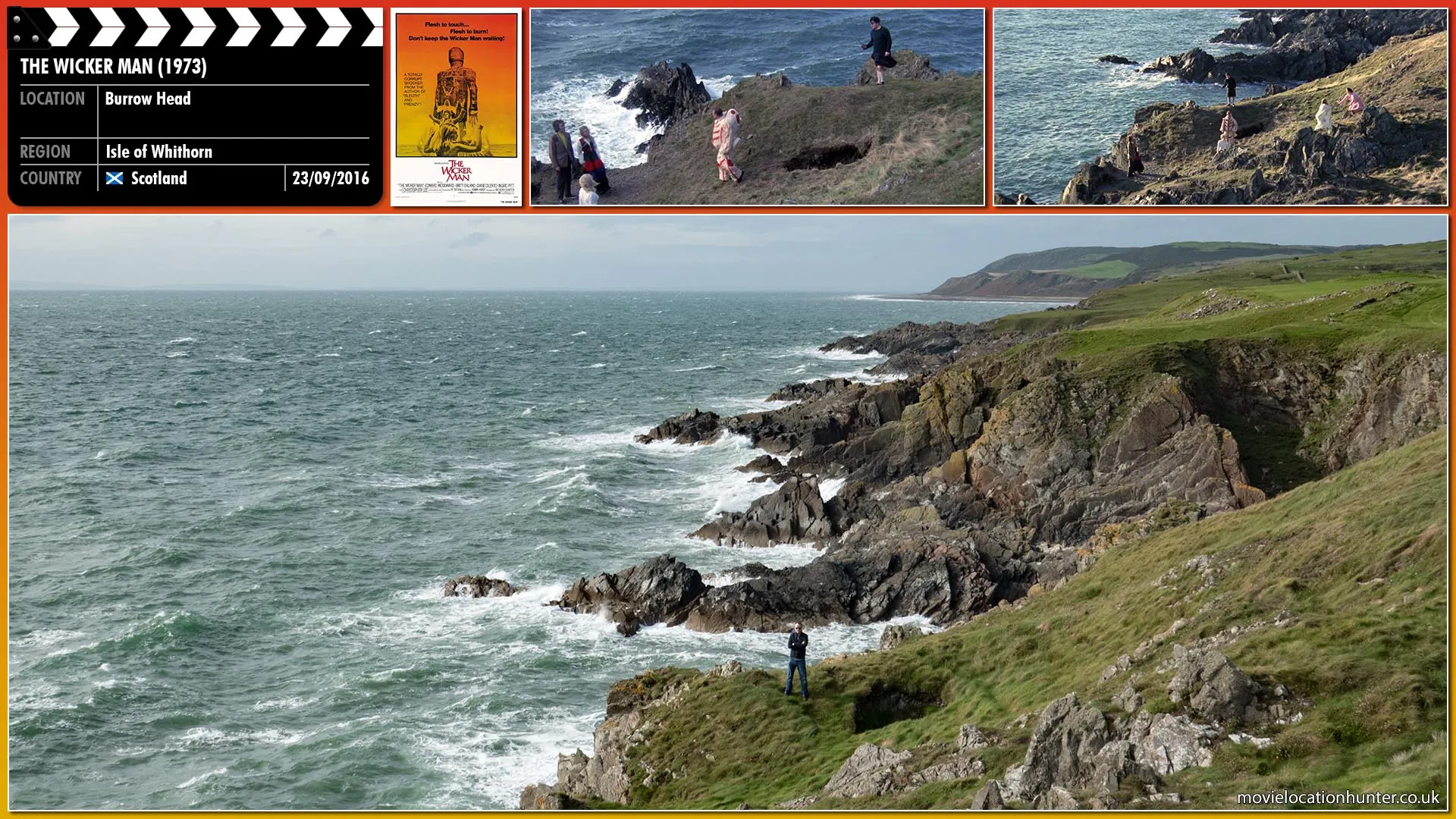 Filming location photo, shot in Scotland, for The Wicker Man (1973). Scene description: After fleeing with Rowan into the cave they both escape through an opening on a precipice where Lord Summerisle and his followers stand waiting for them.