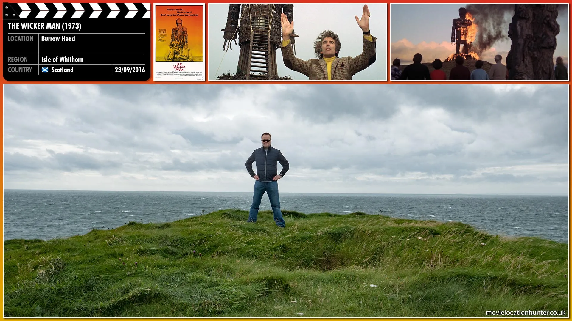 Filming location photo, shot in Scotland, for The Wicker Man (1973). Scene description: The villagers force Howie inside a giant wicker man statue, set it ablaze and surround it, singing the Middle English folk song 