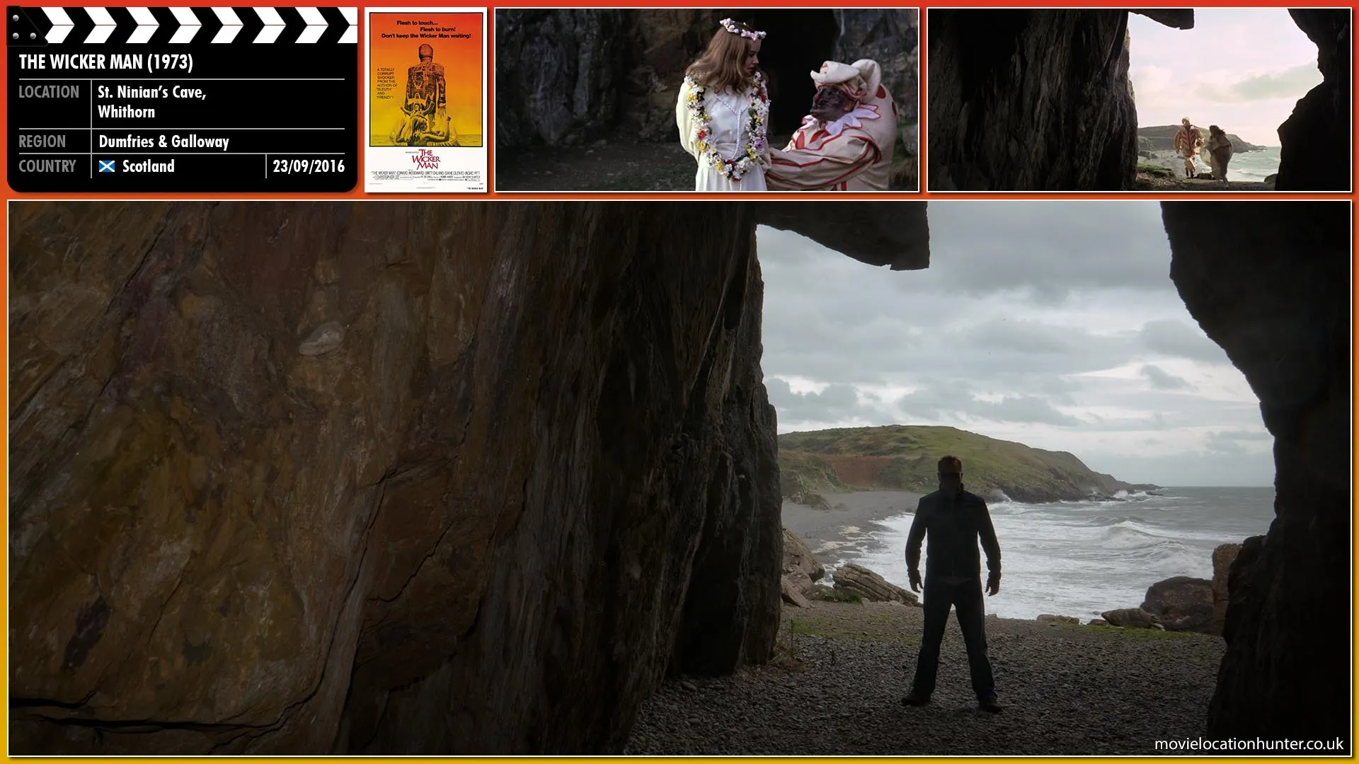 Filming location photo, shot in Scotland, for The Wicker Man (1973). Scene description: When it seems the villagers are about to sacrifice Rowan (as Geraldine Cowper), Howie (Edward Woodward) cuts her free and flees with her into a cave.