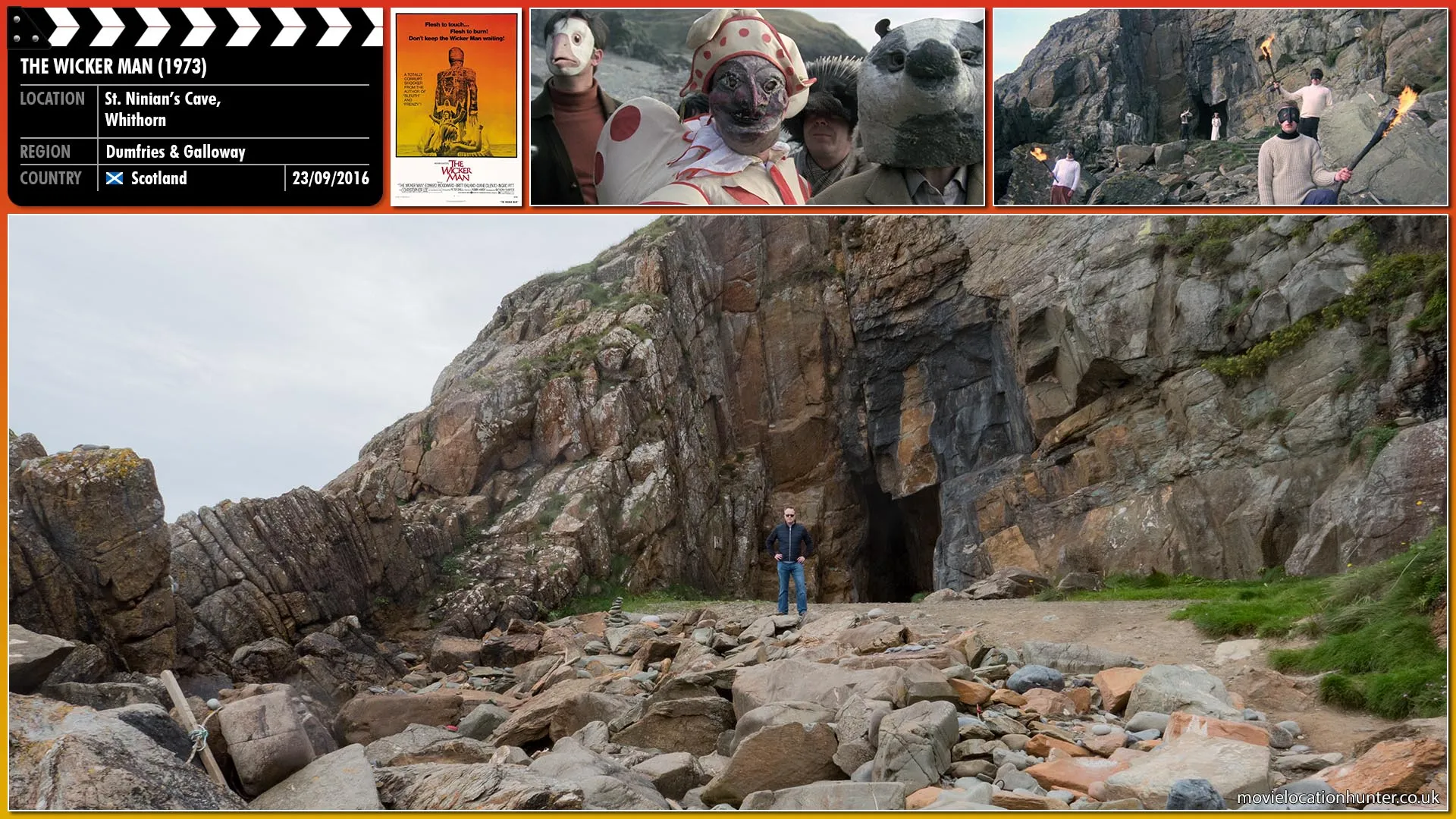 Filming location photo, shot in Scotland, for The Wicker Man (1973). Scene description: During the May Day celebration, Howie (Edward Woodward) knocks out and ties up the innkeeper so he can steal his costume and mask (that of Punch, the fool) and infiltrate the parade.