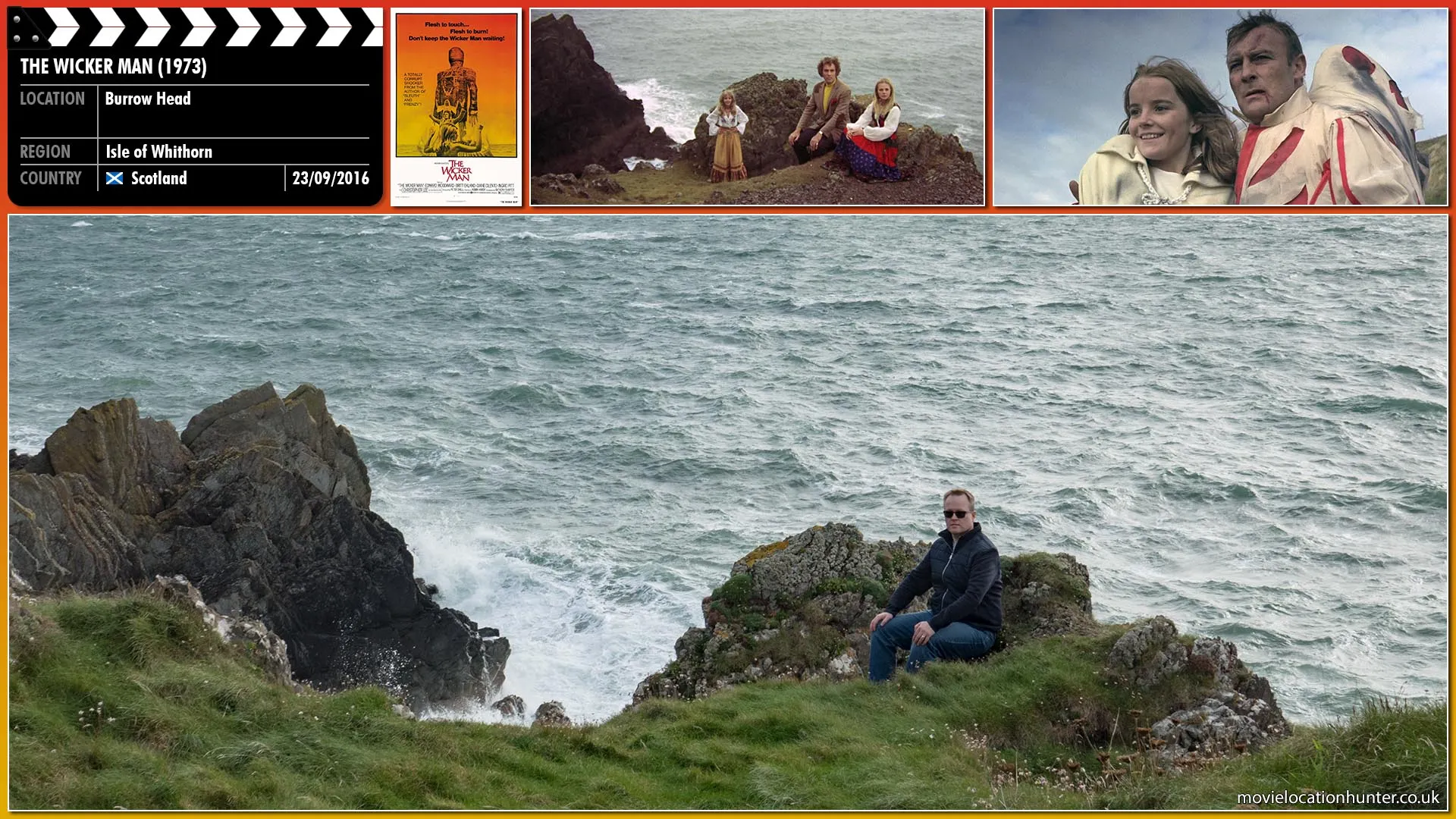 Filming location photo, shot in Scotland, for The Wicker Man (1973). Scene description: On exiting the cave, Howie and Rowan are intercepted by the islanders, to whom Rowan happily returns.
