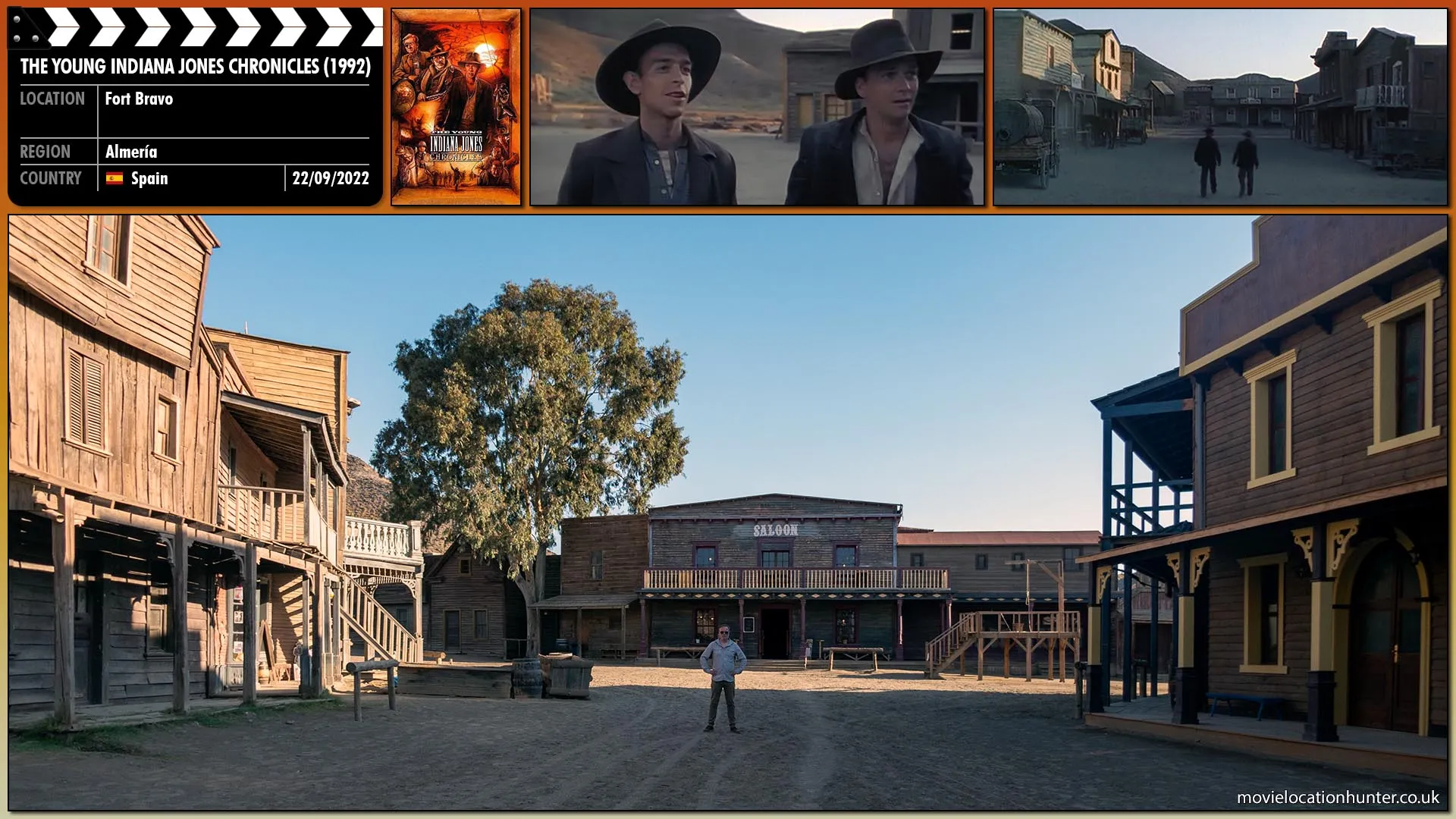 Filming location photo, shot in Spain, for The Young Indiana Jones Chronicles (1992). Scene description: With his mischievous cousin Frank (Stephen Graf), Indy (Sean Patrick Flanery) heads to Columbus, New Mexico to sew some wild oats