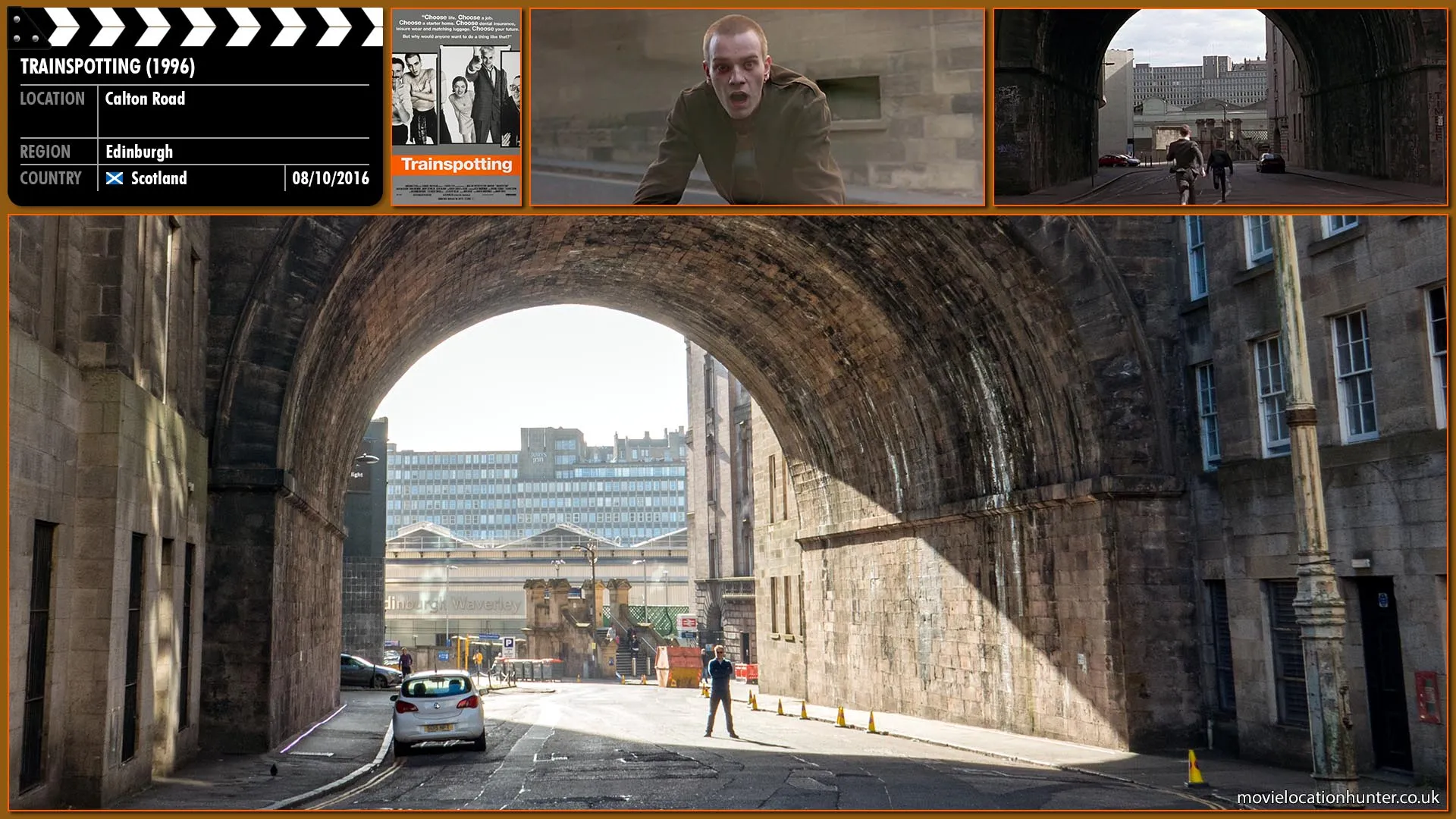 Filming location photo, shot in Scotland, for Trainspotting (1996). Scene description: Spud (Ewen Bremner) sprints by him with security guards in toe.  Renton (Ewan McGregor) gets to his feet and places both hands on the bonnet and laughs at the driver.  He is then rugby tackled to the ground by one of the security guards.