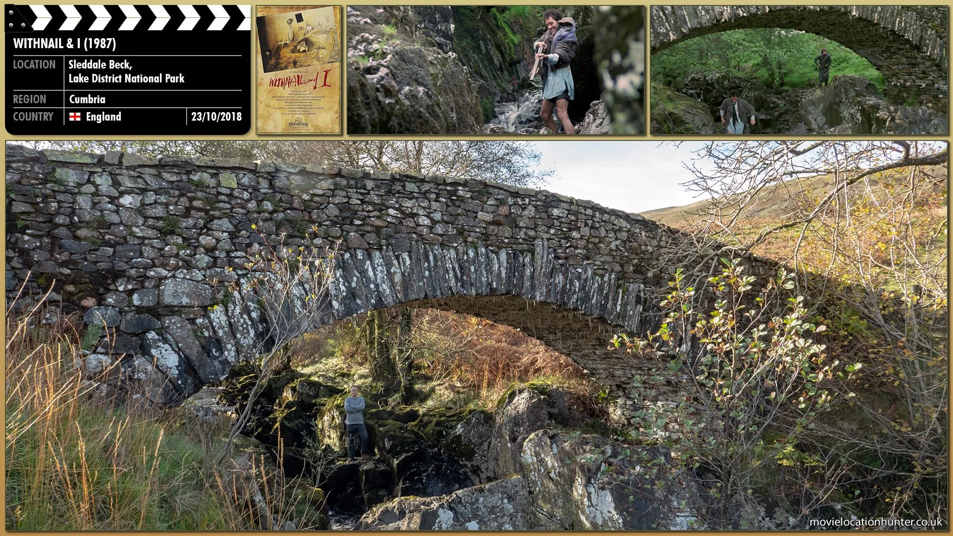 Filming location photo, shot in England, for Withnail & I (1987). Scene description: Withnail (Richard E. Grant) attempts to get the pair some food, fishing with a shotgun.