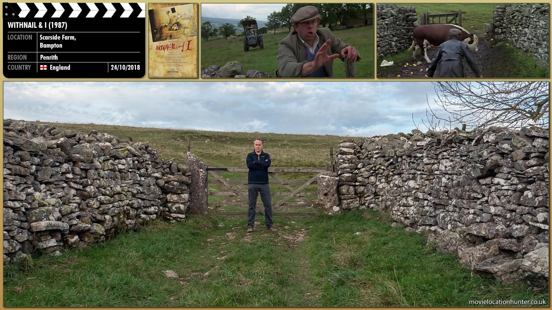 Filming location photo, shot in England, for Withnail & I (1987). Scene description: Withnail (Richard E. Grant) and Marwood (Paul McGann) turn to see the open gate has allowed a randy bull to confront them. Withnail escapes over a wall, leaving Marwood alone with the bull. On the advice of the farmer (Michael Wardle), Marwood runs screaming at the bull and chases it away.