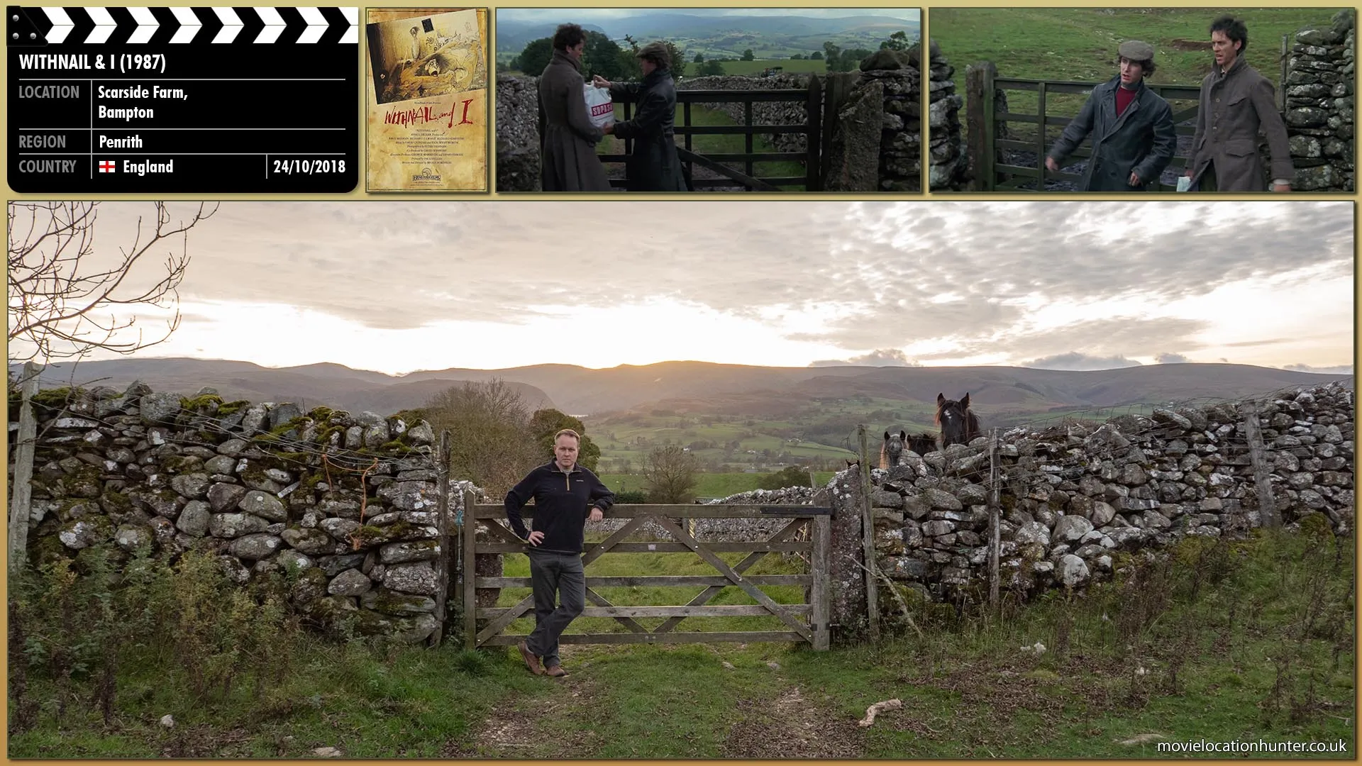 Filming location photo, shot in England, for Withnail & I (1987). Scene description: Withnail (Richard E. Grant) and I (Paul McGann) chat as they walk through the farmer's field.  They approach a large gate, open it and walk through and then notice the farmer jump out of his tractor and start running towards them looking very concerned.
