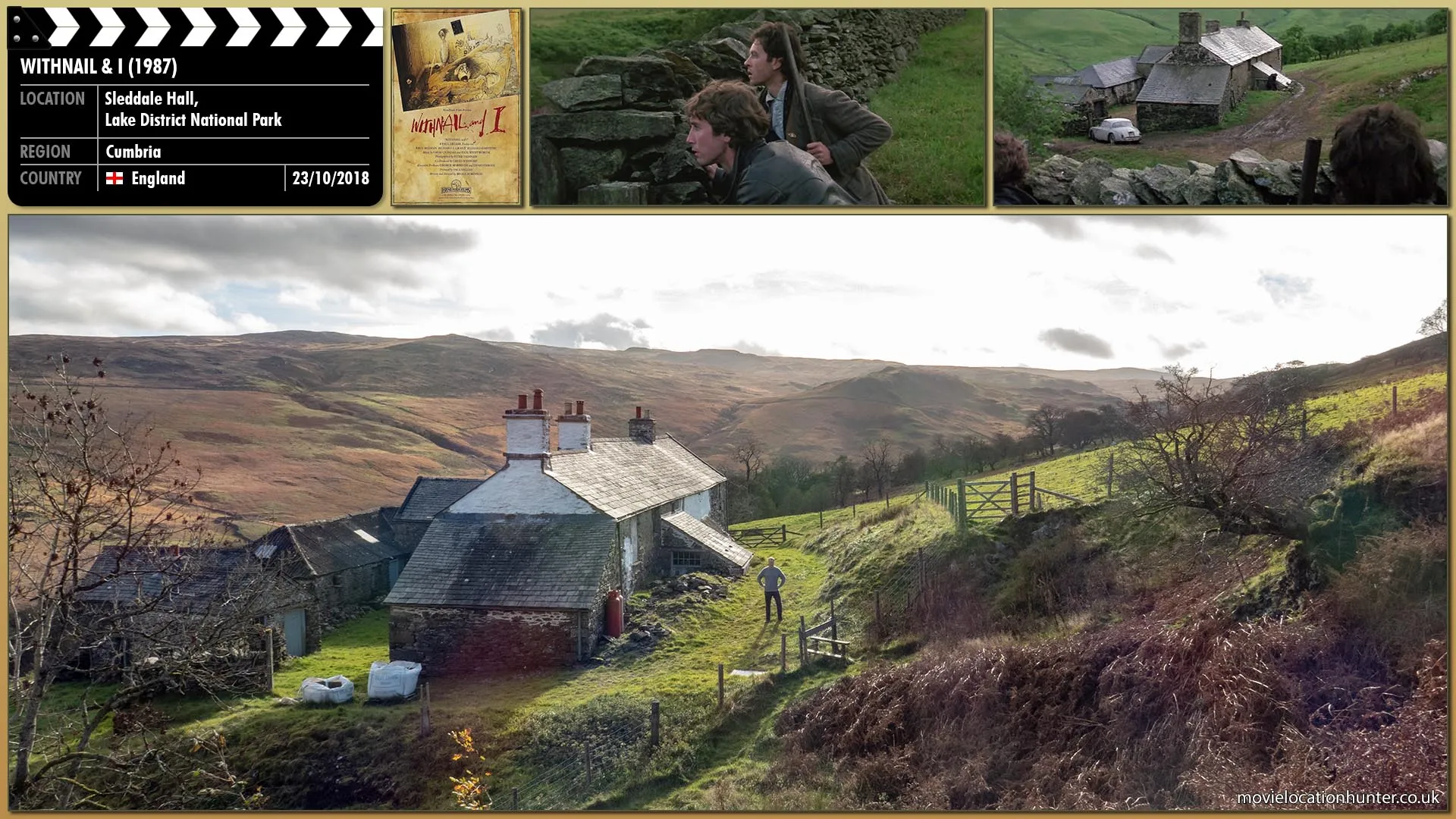 Filming location photo, shot in England, for Withnail & I (1987). Scene description: At The Crow pub, Withnail (Richard E. Grant) attempts to buy food from Jake (Michael Elphick), the local poacher, but it turns nasty when he takes exception to Withnail.  Upon returning to the cottage, Withnail and Marwood (Paul McGann) see Jake peering into the windows and both believe he is there to kill them, so they hide behind a wall.