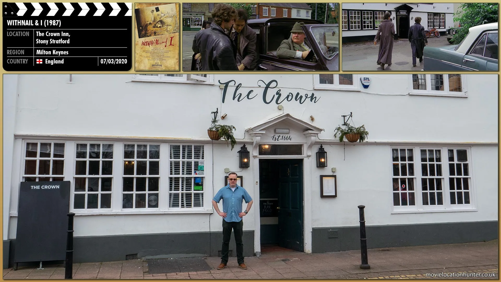Filming location photo, shot in England, for Withnail & I (1987). Scene description: Monty (Richard Griffiths ) suggests the boys should smarten up and hands them both two fivers.  Withnail (Richard E. Grant) and I (Paul McGann) disagree and go for a drink instead.