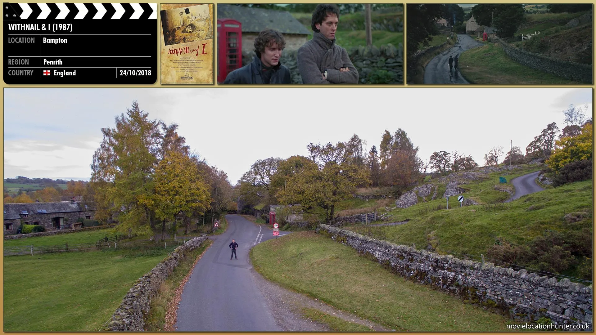 Filming location photo, shot in England, for Withnail & I (1987). Scene description: Withnail (Richard E. Grant) takes out his frustration on the phone, hitting it for a while then leaves the phonebox.  Withnail and Marwood (Paul McGann) start walking back to the cottage.