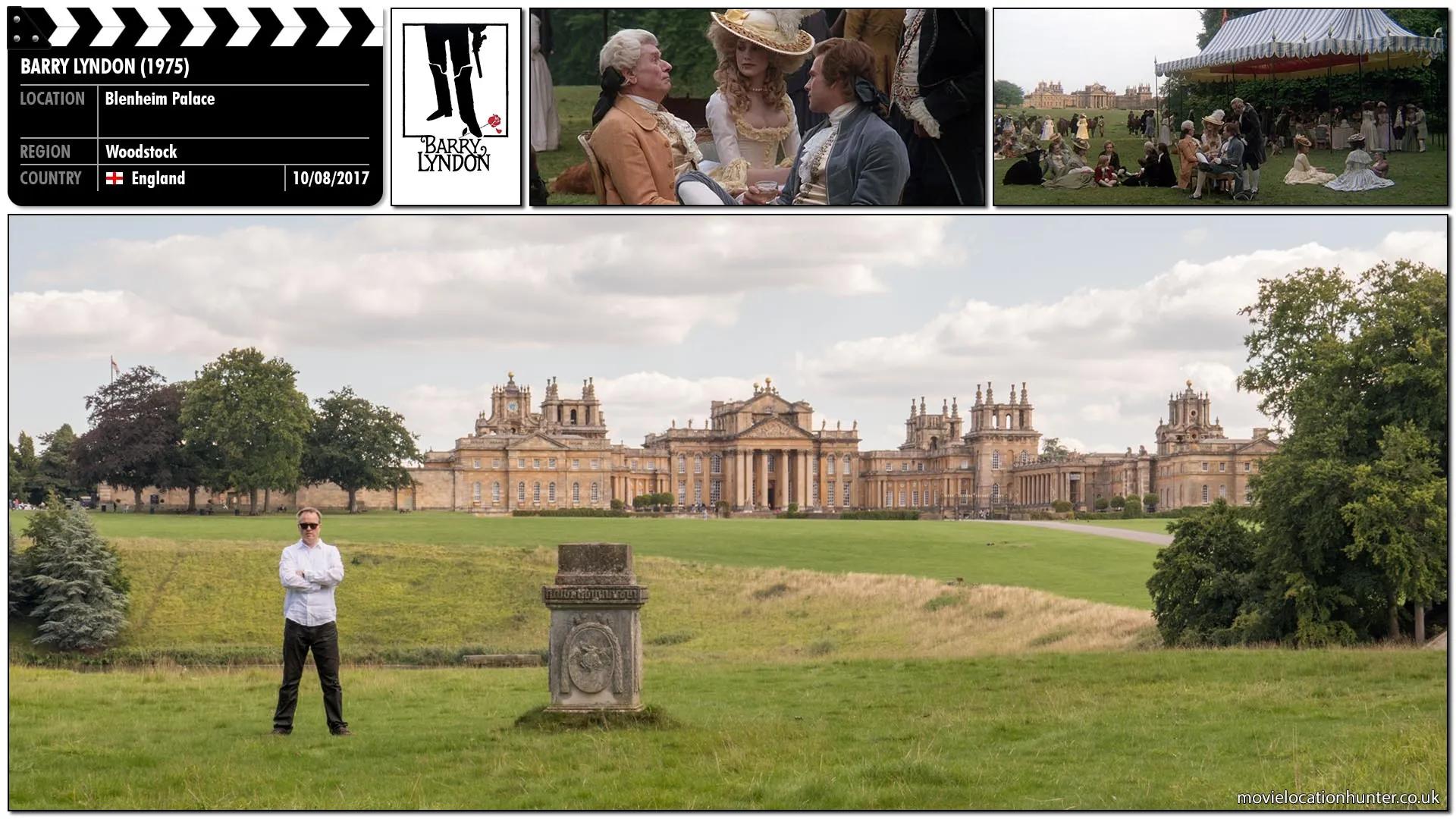 Filming location photo, shot in England, for Barry Lyndon (1975). Scene description: Barry (Ryan O'Neal) attempts to consolidate his position in society at a garden party.