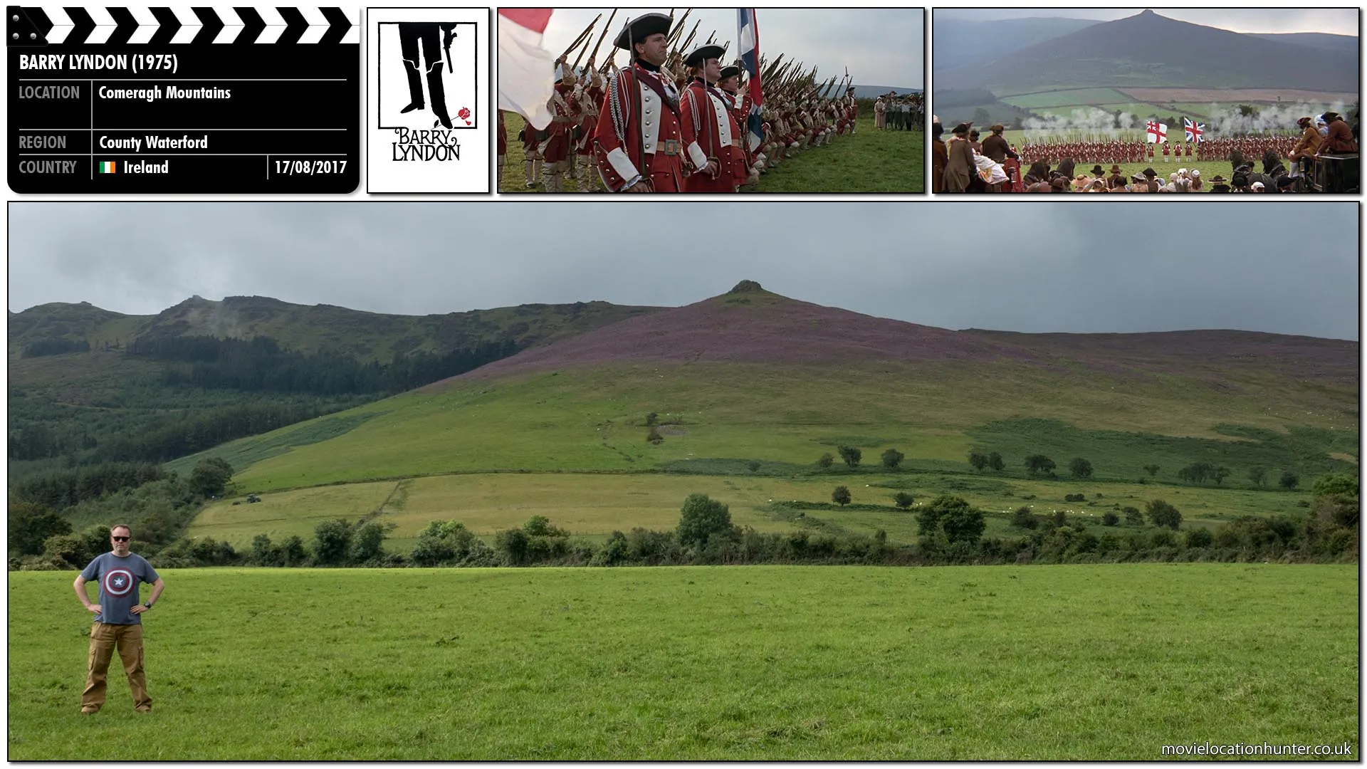 Filming location photo, shot in Ireland, for Barry Lyndon (1975). Scene description: British soldiers (known as Redcoats) marching to the Lilliburlero March in front of an assembled crowd of onlookers.