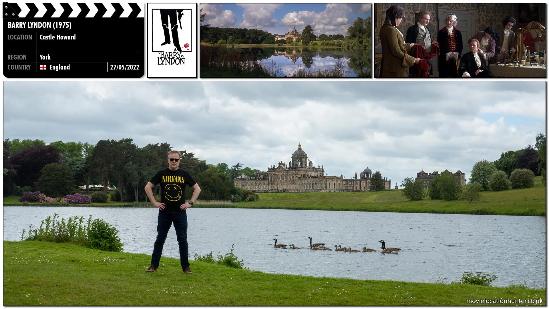 Filming location photo, shot in England, for Barry Lyndon (1975). Scene description: Lake at Castle Hackton, the Countess’s extravagant estate,