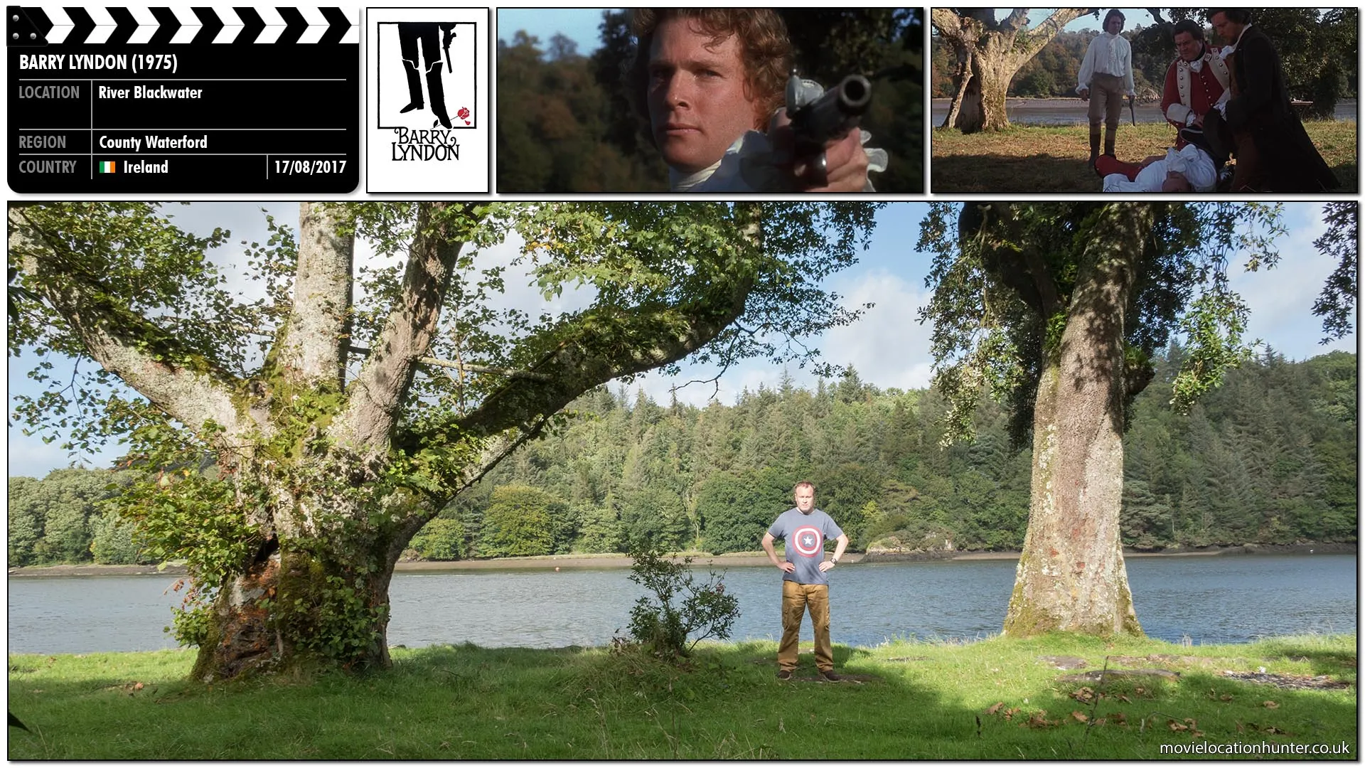 Filming location photo, shot in Ireland, for Barry Lyndon (1975). Scene description: Barry (Ryan O'Neal) and Captain John Quin (Leonard Rossiter) fire pistols at ten paces and Quin falls. Believing that he has killed Quin and will be arrested by the British for murder, Barry flees.