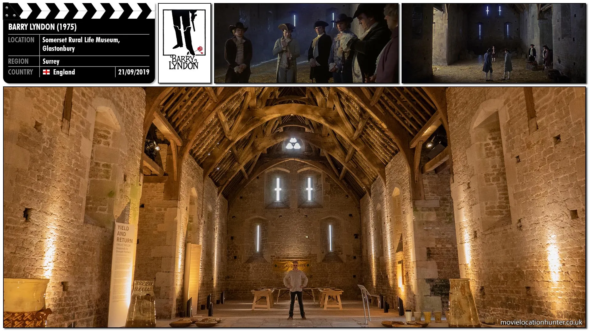 Filming location photo, shot in England, for Barry Lyndon (1975). Scene description: The duel with pistols is held in a tithe barn. A coin-toss gives Lord Bullingdon (Leon Vitali) the right of first fire, but he nervously misfires his pistol as he prepares to shoot. Barry (Ryan O'Neal), reluctant to shoot Bullingdon, magnanimously fires into the ground, but the unmoved Bullingdon refuses to let the duel end, claiming he has not received 