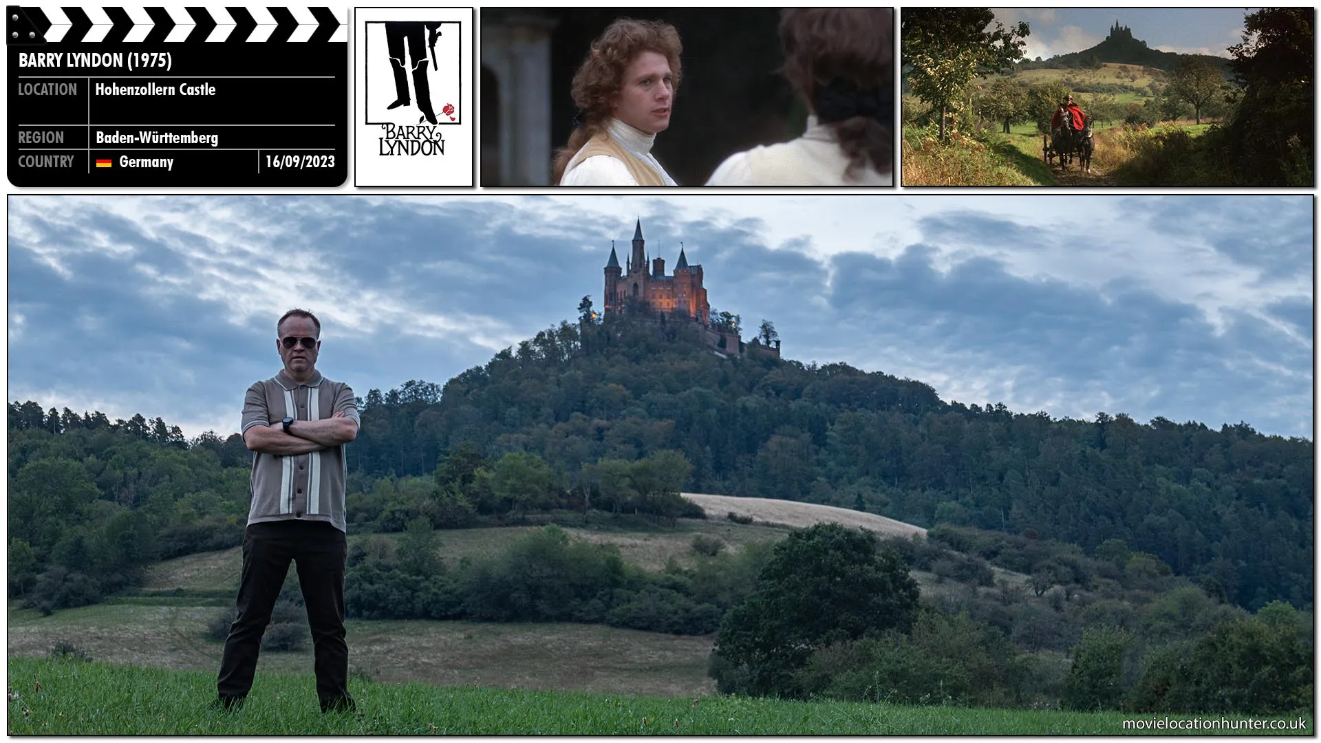 Filming location photo, shot in Germany, for Barry Lyndon (1975). Scene description: Chevalier du Balibari (Patrick Magee) and Barry (Ryan O’Neal) are expelled from Prussia where they begin their career as gamesters.