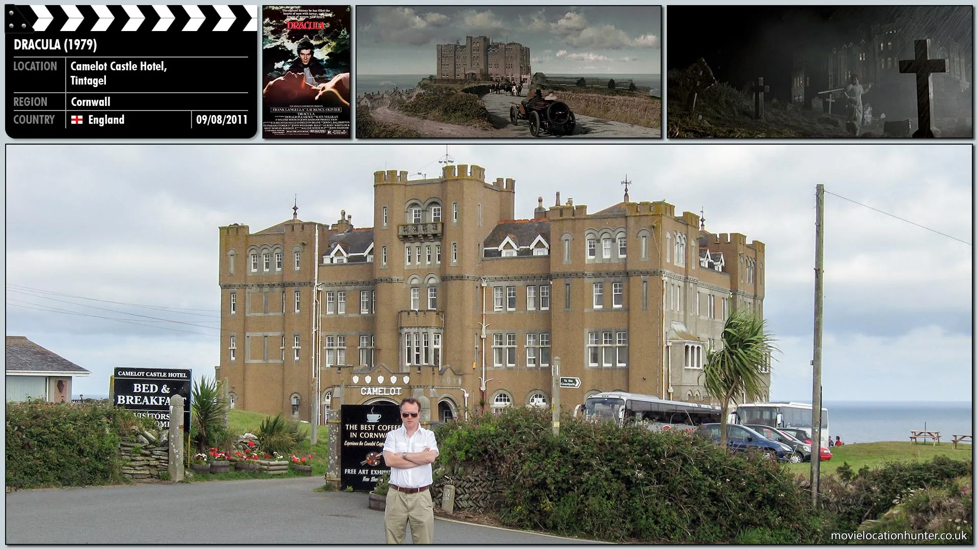 Filming location photo, shot in England, for Dracula (1979). Scene description: Count Dracula (Frank Langella) visits Mina Van Helsing (Jan Francis) and her friends at the household of Lucy Seward's (Kate Nelligan) father, Dr. Jack Seward (Donald Pleasence), whose clifftop mansion also serves as the local asylum.