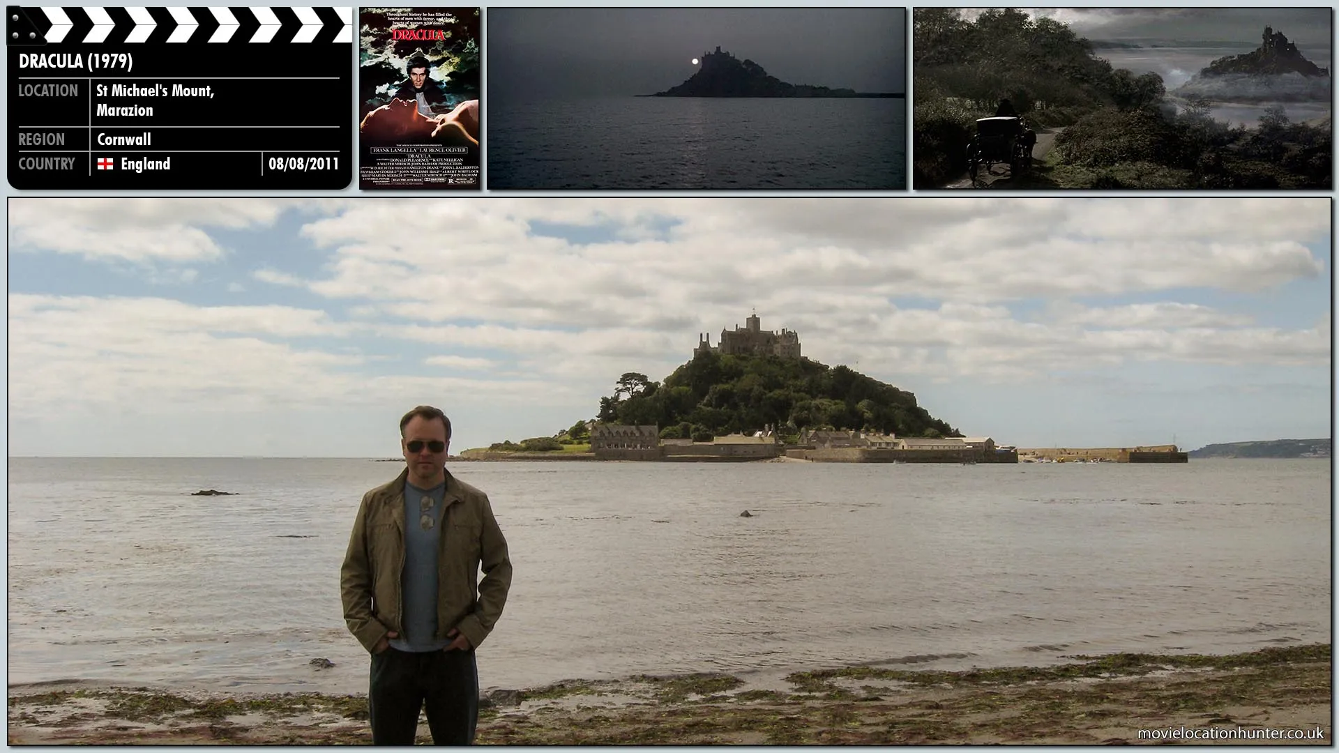 Filming location photo, shot in England, for Dracula (1979). Scene description: Jonathan Harker (Trevor Eve) salvages Dracula's (Frank Langella) cargo and has Milo Renfield (Tony Haygarth) deliver it to Carfax Abbey where Dracula is staying.