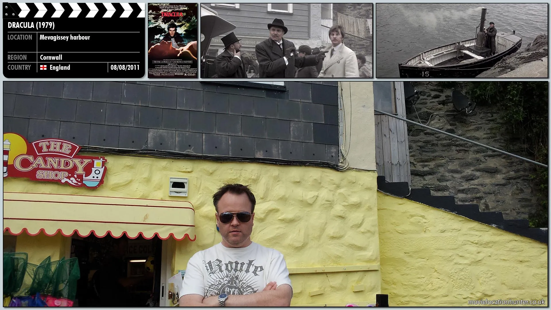 Filming location photo, shot in England, for Dracula (1979). Scene description: Harker (Trevor Eve) and Van Helsing (Laurence Olivier) charter a boat and start to chase after Dracula's (Frank Langella) ship.