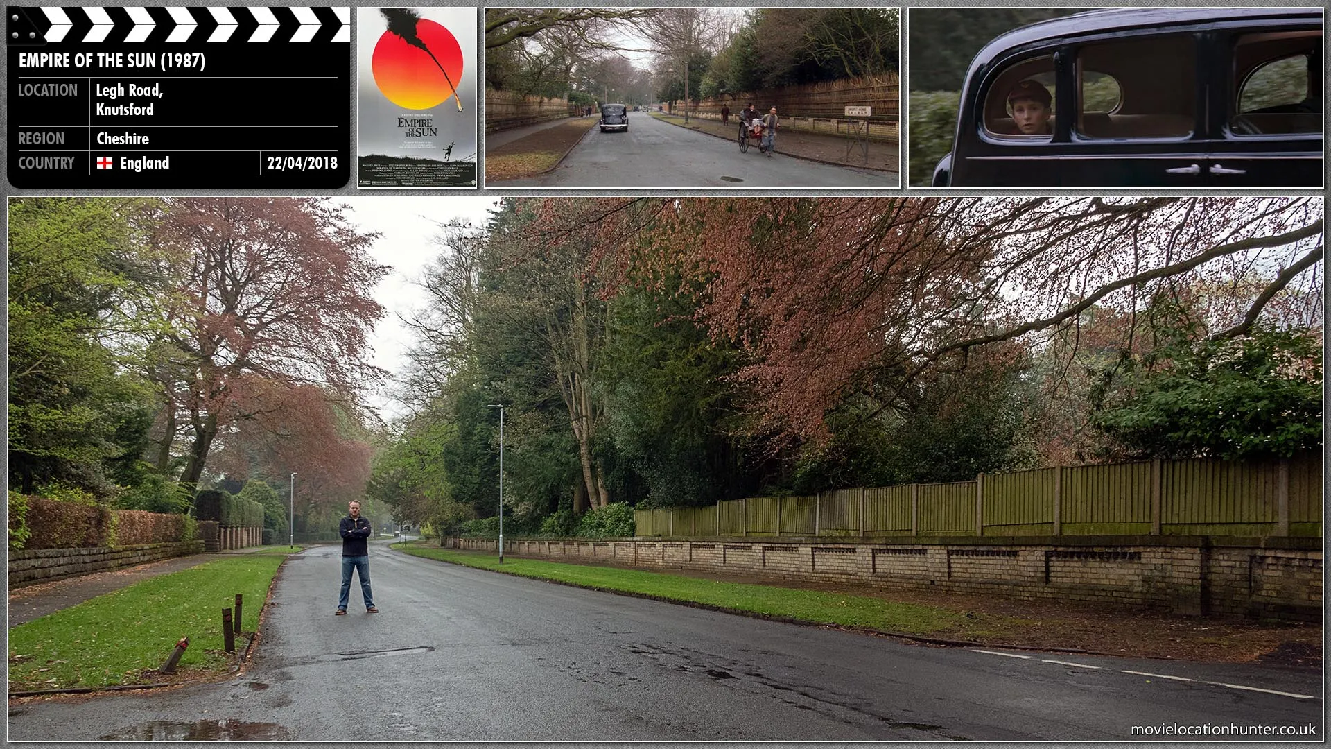 Filming location photo, shot in England, for Empire of the Sun (1987). Scene description: Much has been done to shelter Jamie (Christian Bale) from the Chinese culture that surrounds him, and he is quite spoiled, treating the family's servants with utmost disrespect. For the first time he notices an old destitute man who sits by the gatepost to his home in rags, banging an empty cigarette-tin as the car sweeps by.