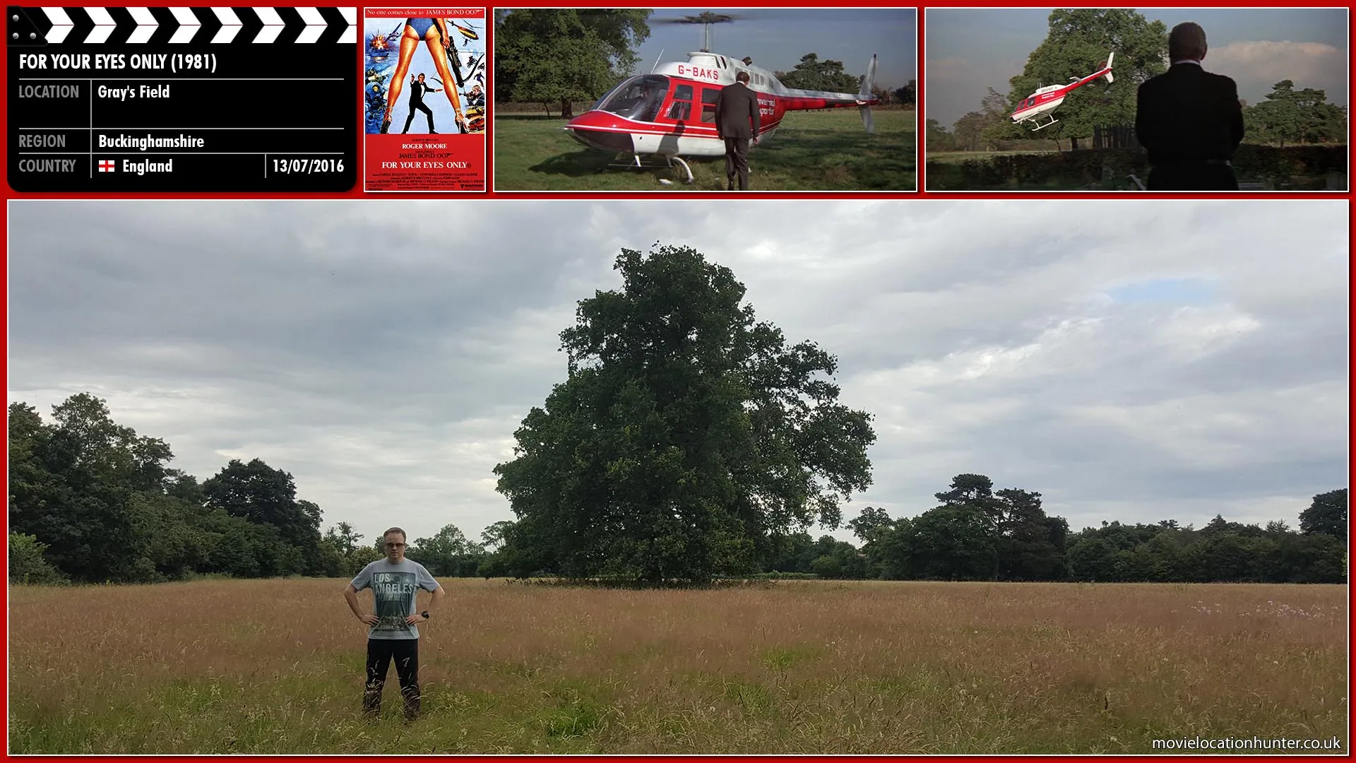 Filming location photo, shot in England, for For Your Eyes Only (1981). Scene description: A helicopter arrives to transport Bond (Roger Moore) back to MI6. During the flight the pilot is killed by electricity that surges through his headset and a familiar voice begins to taunt Bond over the chopper's loudspeaker; it is that of Blofeld (John Hollis), Bond's deadliest villain.