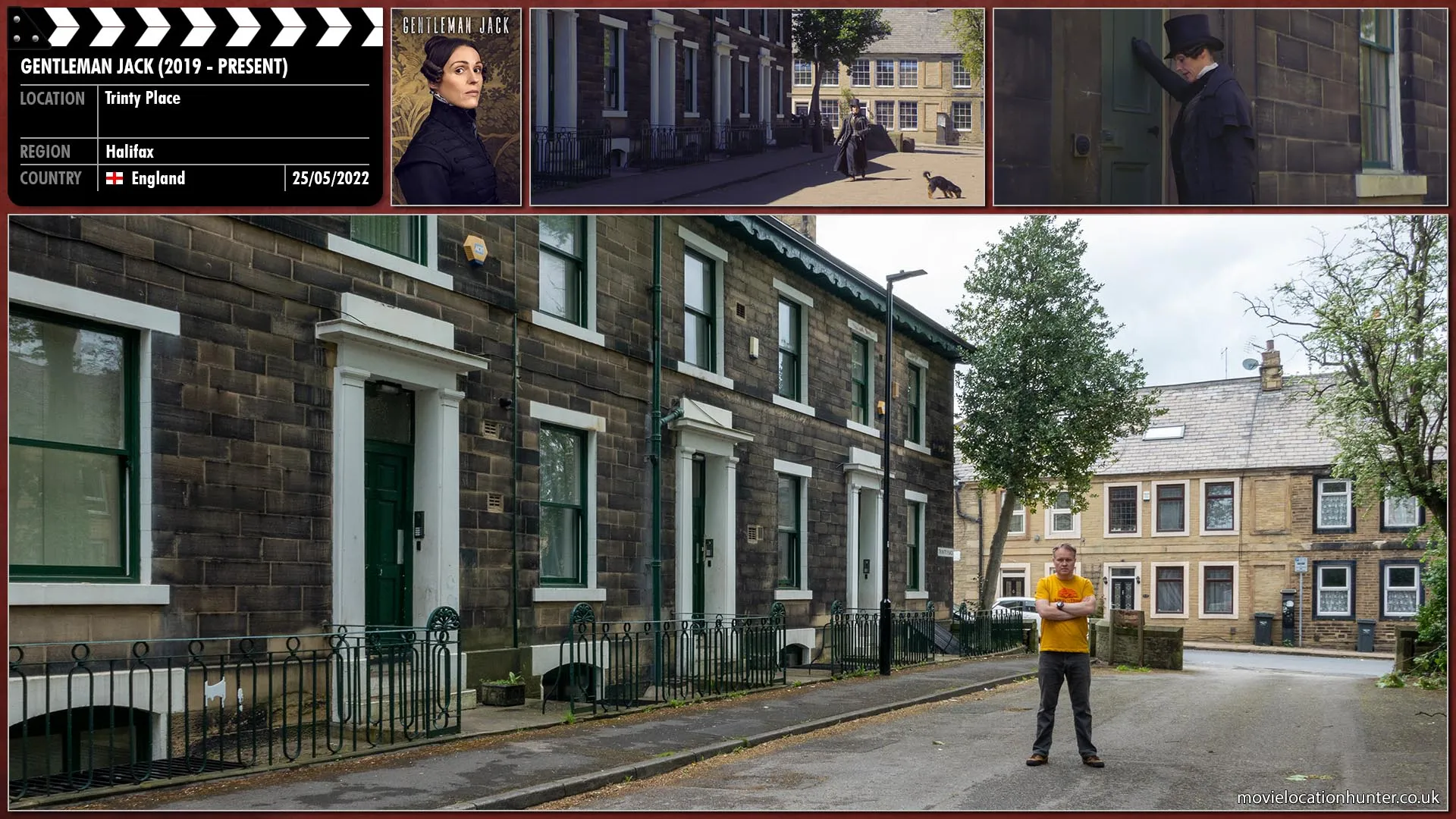 Filming location photo, shot in England, for Gentleman Jack (2019). Scene description: Anne Lister (Suranne Jones) has knocked at James Brigg's (James Quinn) front door. There’s no answer. But she refuses to believe they’re not in if Briggs is as ill as everyone says he is.