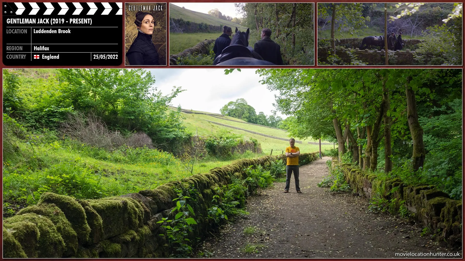 Filming location photo, shot in England, for Gentleman Jack (2019). Scene description: Anne (Suranne Jones) walks with Washington (Joe Armstrong).