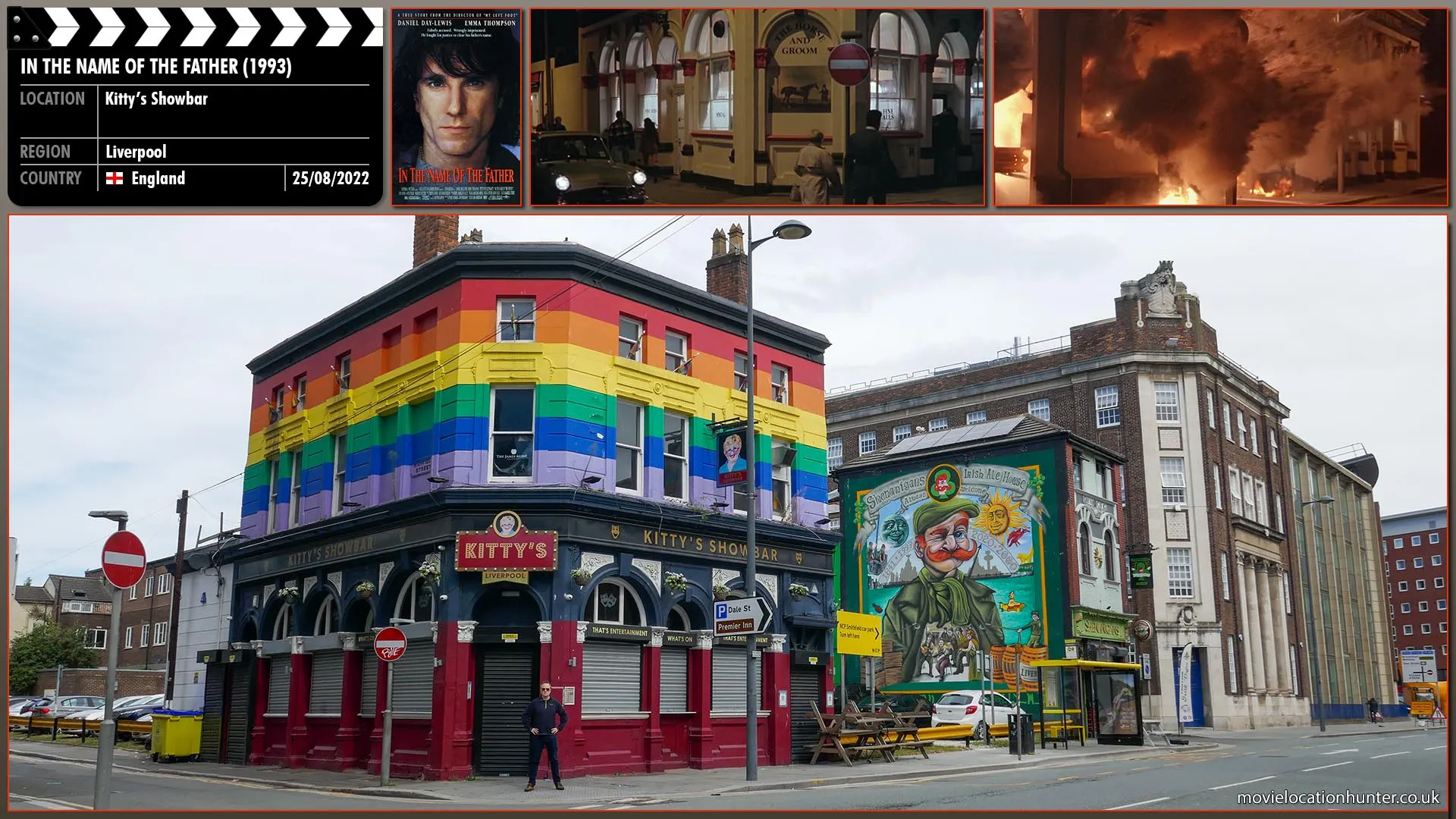 Filming location photo, shot in England, for In the Name of the Father (1993). Scene description: Locals arrive at a pub in the Guildford suburb of London often frequented by British soldiers.  Suddenly, it explodes as an act of terrorism by the Irish Republican Army (IRA).