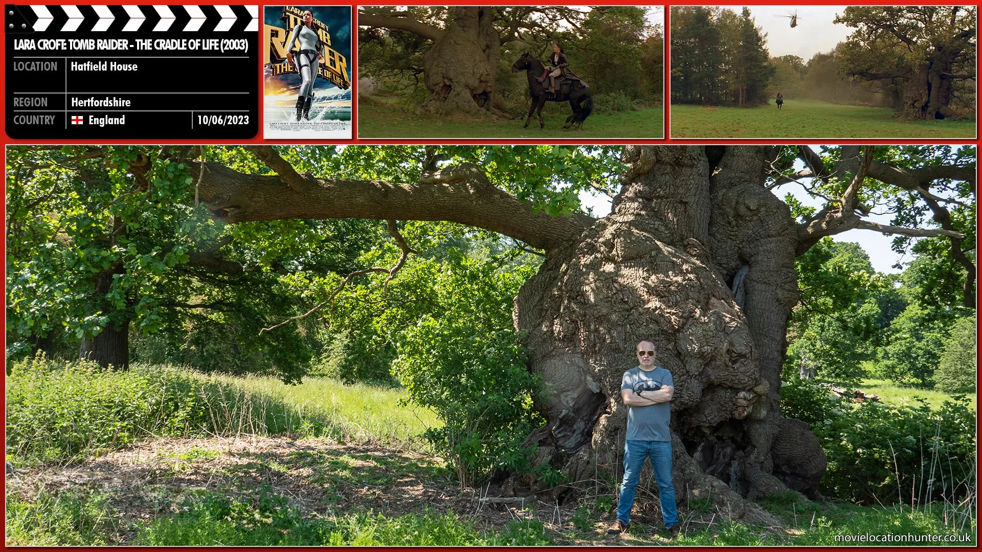 Filming location photo, shot in England, for Lara Croft: Tomb Raider - The Cradle of Life (2003). Scene description: Whilst riding side-saddle through her estate, Lara (Angelina Jolie) hits bullseye after bullseye on targets that suddenly appear amongst the trees.  Upon arriving at the last one she is disturbed by a helicopter passing overhead and skids to a halt.  She then proceeds to ride towards the descending helicopter cooly turning around on her house to hit the last target straight in the middle with a pistol.