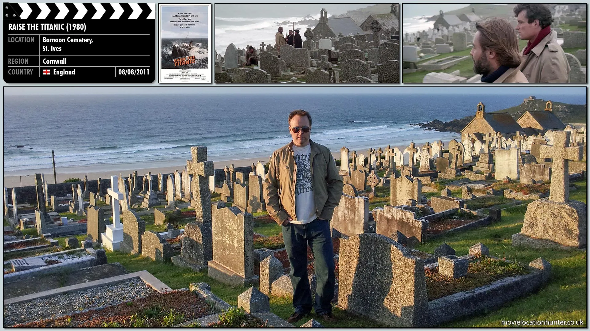 Filming location photo, shot in England, for Raise the Titanic (1980). Scene description: Pitt (Richard Jordan) and Seagram (David Selby) go to a small graveyard in England and find that the Byzantium had indeed been buried there. They decide to leave the mineral in the grave because they agree its existence would destabilize the status quo that maintains the peace between the West and the Soviet Union.