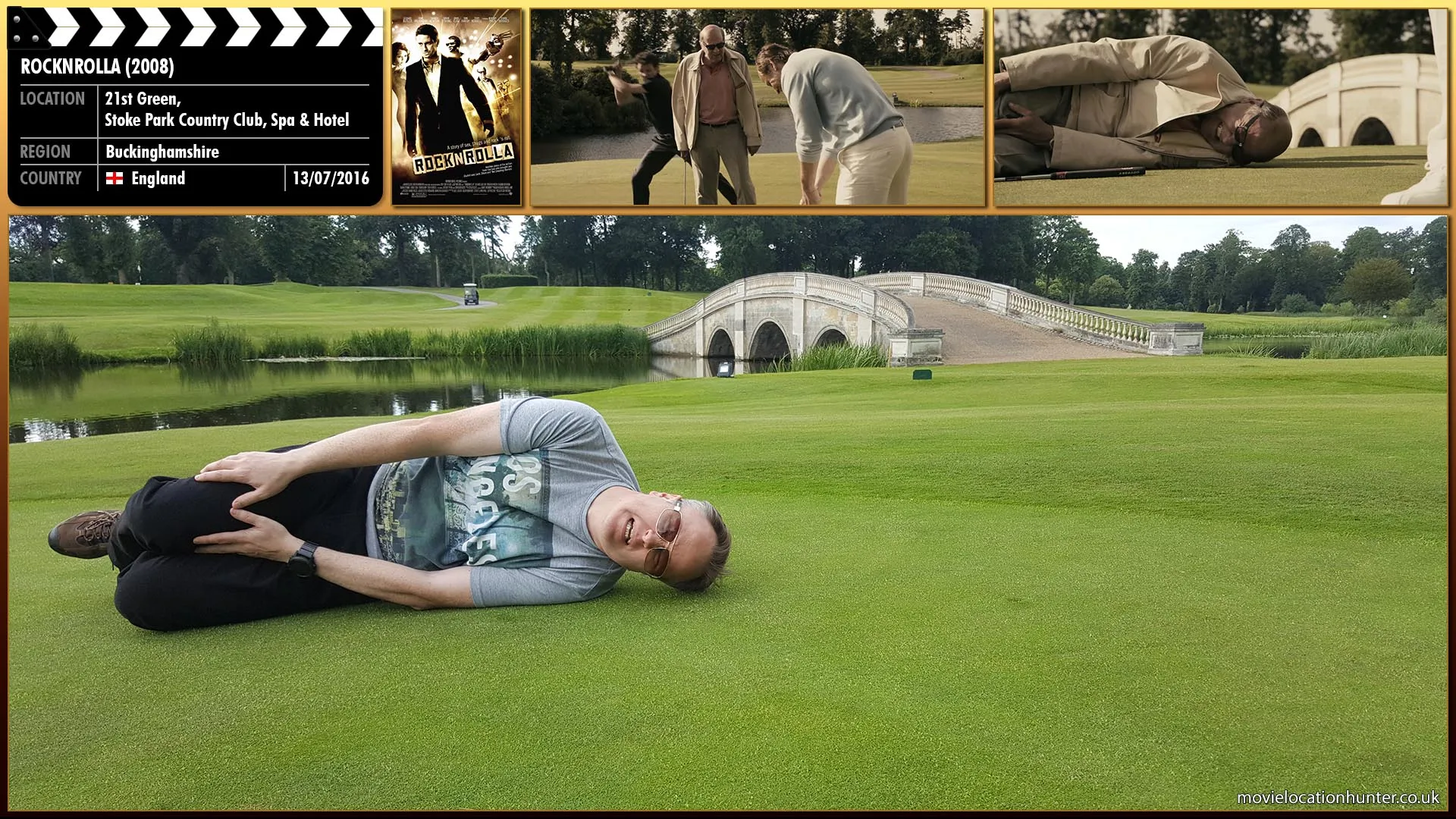 Filming location photo, shot in England, for RocknRolla (2008). Scene description: Victor (Dragan Micanovic) has extracted a five iron from out of the golf bag and has decided to break both of Lenny's (Tom Wilkinson) legs in ten different places. Lenny screams in unimaginable agony, writhing on the green. Uri (Karel Roden) almost ignores the activity.