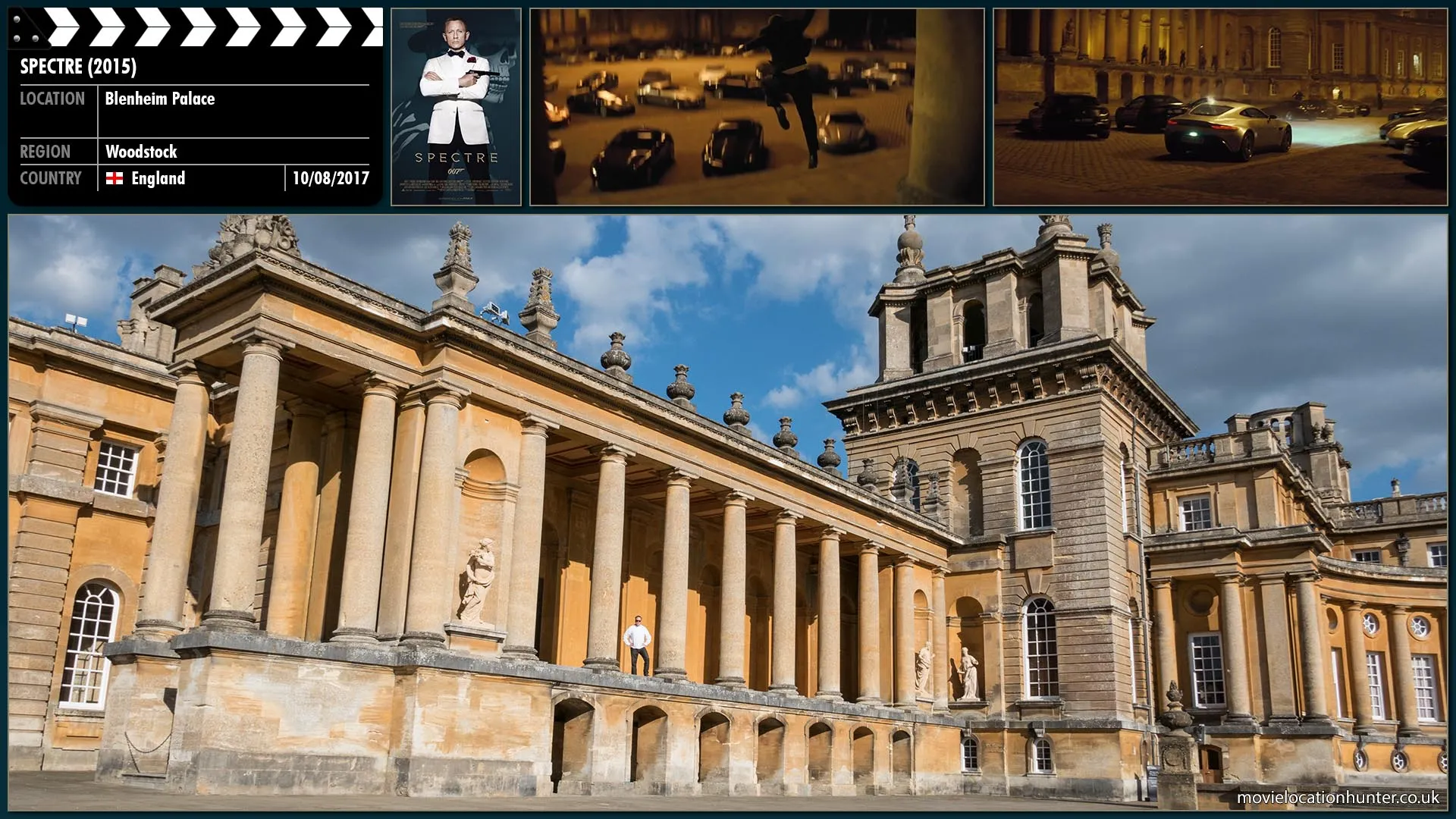 Filming location photo, shot in England, for Spectre (2015). Scene description: Spotted by Blofeld (Christoph Waltz), Bond (Daniel Craig) makes a hasty exit from the meeting and rushes back to his Aston Martin.