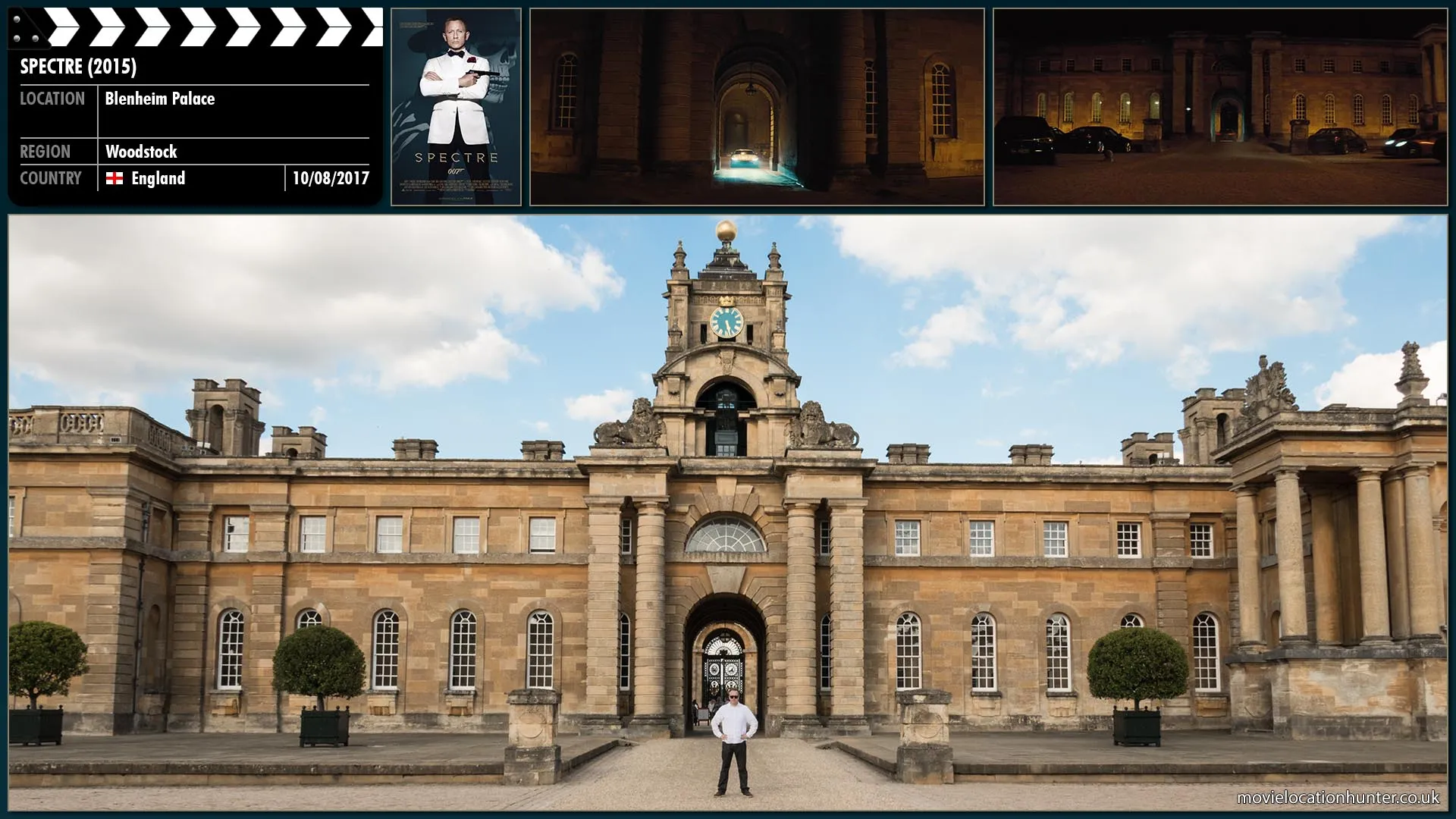 Filming location photo, shot in England, for Spectre (2015). Scene description: Whilst under gunfire from Blofeld's henchman, Bond (Daniel Craig) reverses at speed before accelerating out of the estate grounds.  Hinx (Dave Bautista) jumps into a Jaguar C-X75 and pursues Bond at high speed through the streets of Rome.