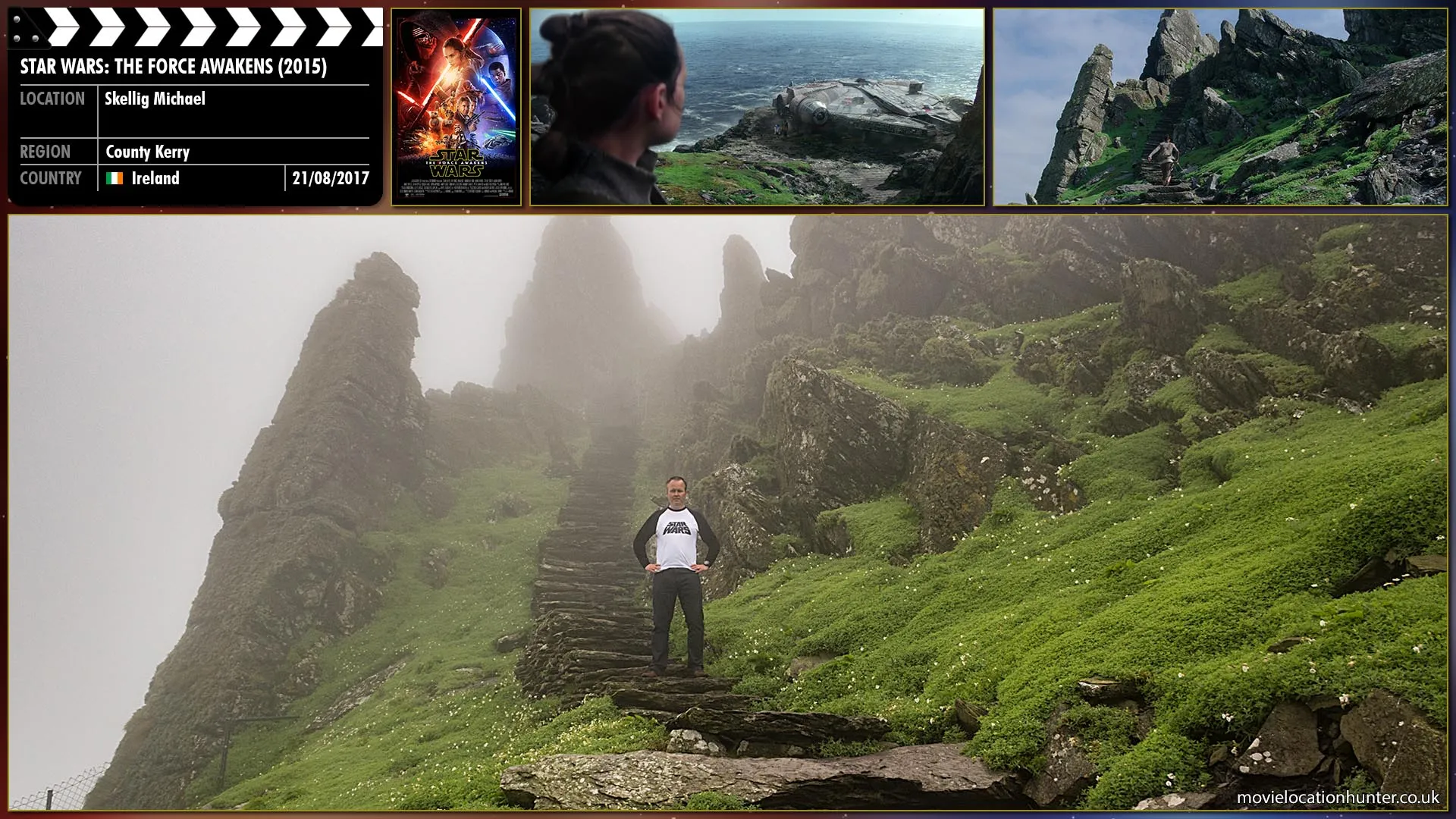 Filming location photo, shot in Ireland, for Star Wars: The Force Awakens (2015). Scene description: Rey (Daisy Ridley), her staff strapped to her back, begins her hike up the considerable mountain, glancing back at Chewie and R2-D2, who watch her from the bottom of the ramp. A deep breath and Rey continues her journey.