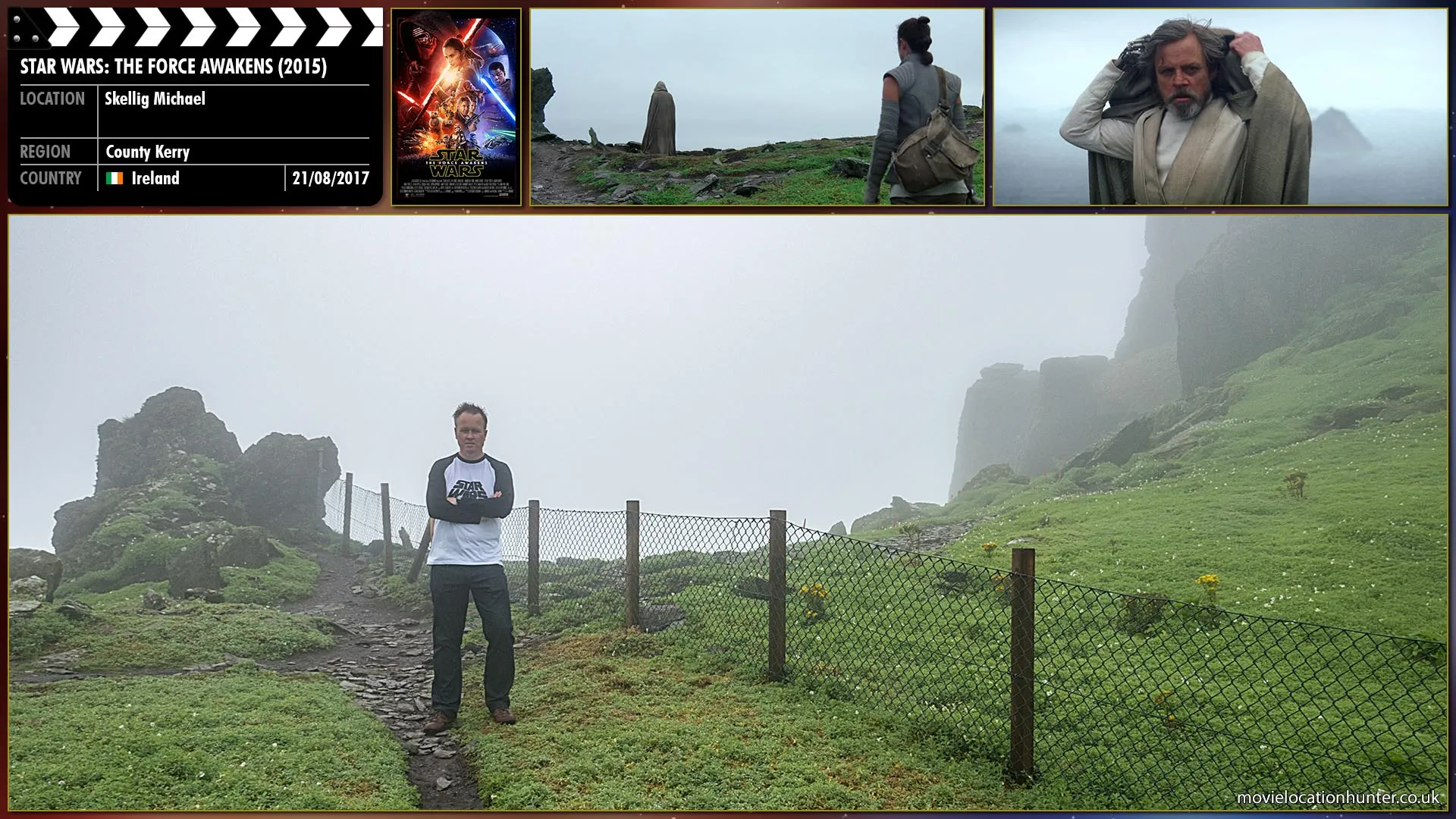 Filming location photo, shot in Ireland, for Star Wars: The Force Awakens (2015). Scene description: Rey (Daisy Ridley) stares, knowing exactly who it is. But she just stares for what seems like forever. Until he finally turns, slowly, to her. The man pulls back his hood revealing himself as Luke Skywalker (Mark Hamill)