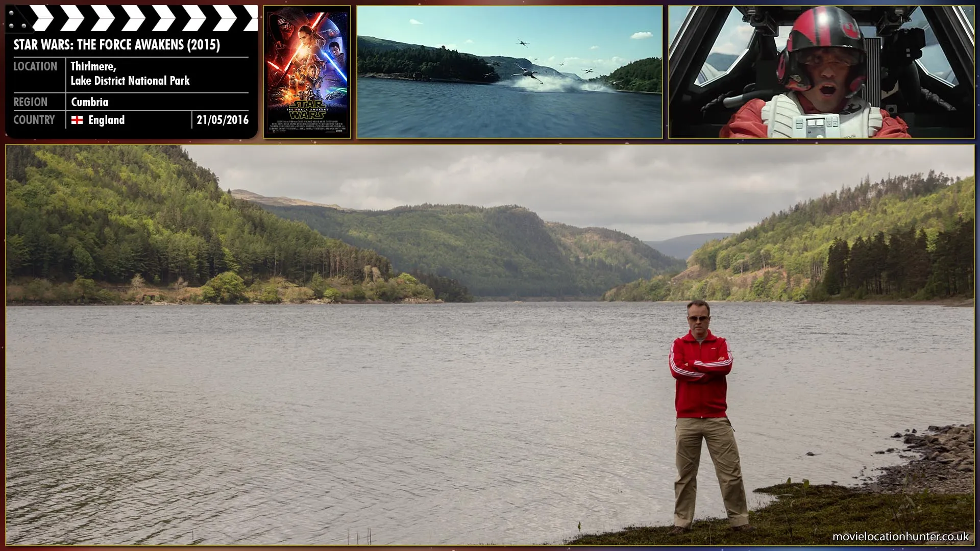 Filming location photo, shot in England, for Star Wars: The Force Awakens (2015). Scene description: Commander Poe Dameron (Oscar Issac) leads the Resistance T-70 X-wing fighters as they approach Maz Kanata's castle on Takodana.
