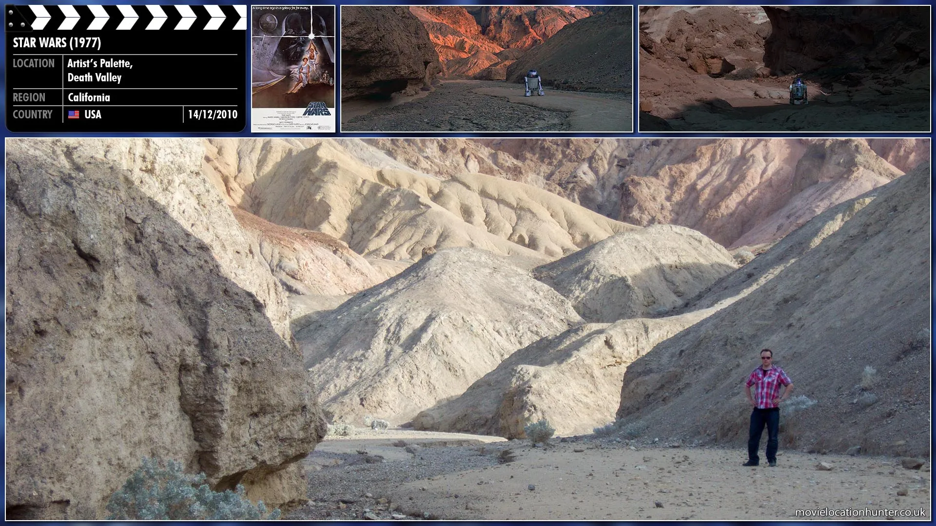 Filming location photo, shot in USA, for Star Wars (1977). Scene description: R2-D2 (Kenny Baker) moves through sensing he is being watched.