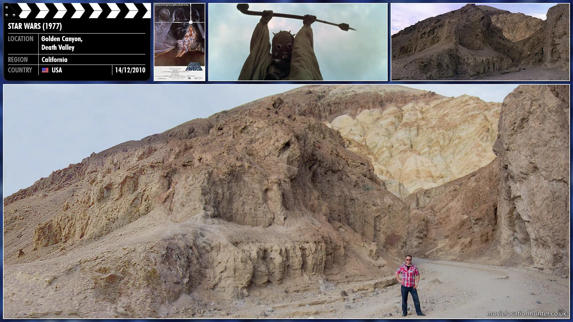 Filming location photo, shot in USA, for Star Wars (1977). Scene description: A Tusken Raider ambushes Luke (Mark Hamill) and C3PO (Anthony Daniels), hitting Luke over the head and knocking him unconscious. C-3PO goes tumbling down the side of a sand dune. R2-D2 (Kenny Baker) runs and hides.  In celebration the Tusken Raider raises his Gaderffii above his head and roars which can be hear throughout the canyon.