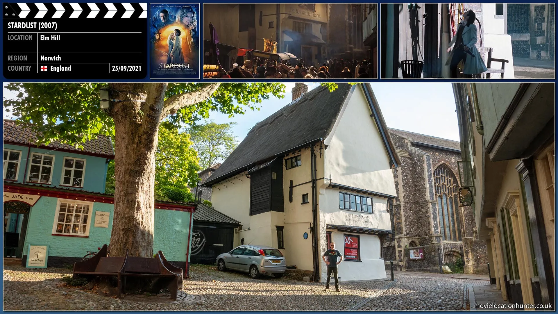 Filming location photo, shot in England, for Stardust (2007). Scene description: Sal (Melanie Hill) touches her finger to a mouse's head and Tristan (Charlie Cox) returns to his human form.  Yvaine (Claire Danes) gives him a big hug but he is still a little dazed, so Yvaine takes him to The Slaughtered Prince inn to recover.