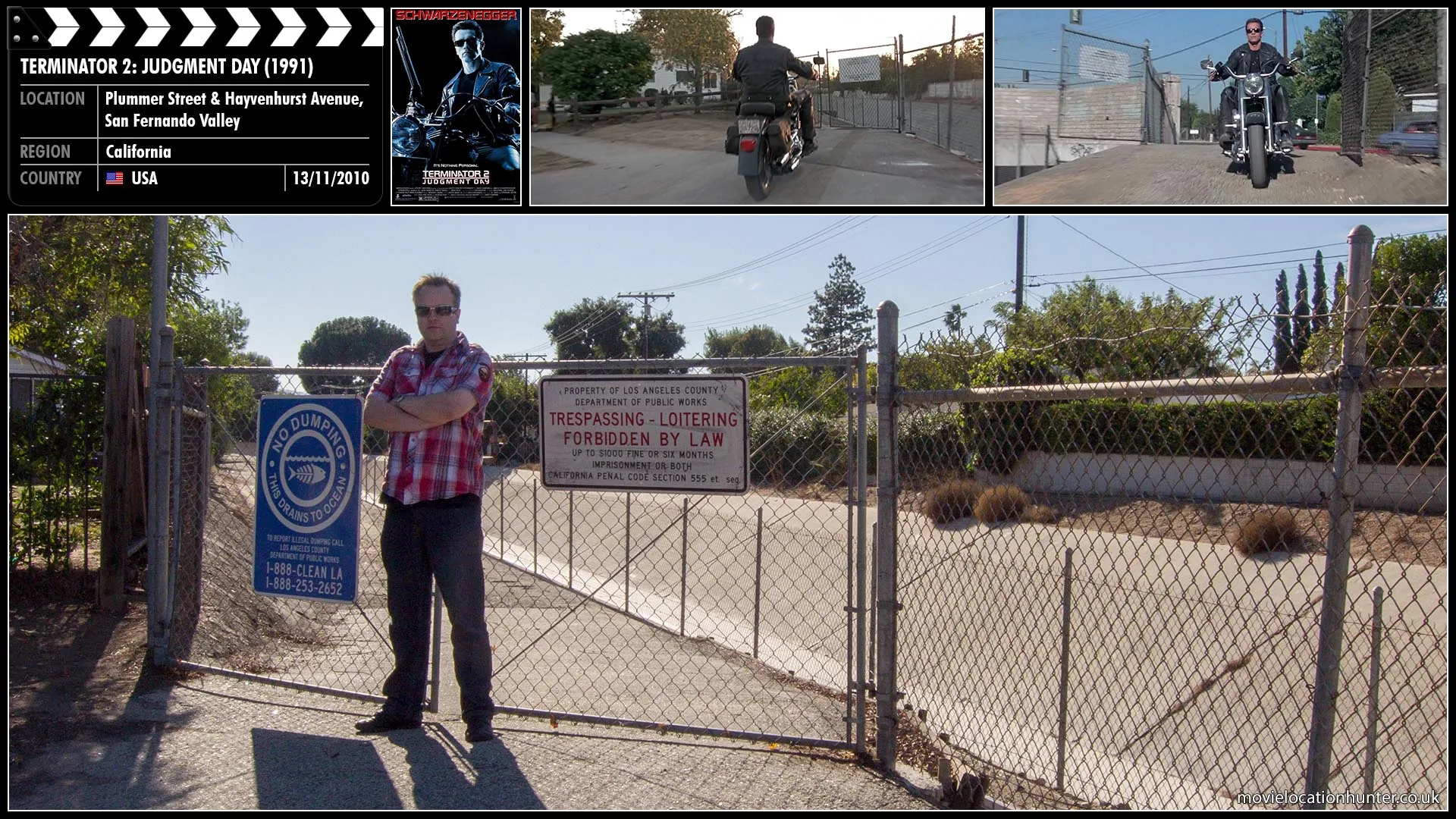 Filming location photo, shot in USA, for Terminator 2: Judgment Day (1991). Scene description: John (Edward Furlong) drives his motorcycle at speed through the canal.  Although the canal is a hard place to maneuver a truck, the T-1000 (Robert Patrick) gains on John.  Meanwhile, the Terminator (Arnold Schwarzenegger) smashes through a gate and drives along the edge of the canal, firing some shots at the truck.