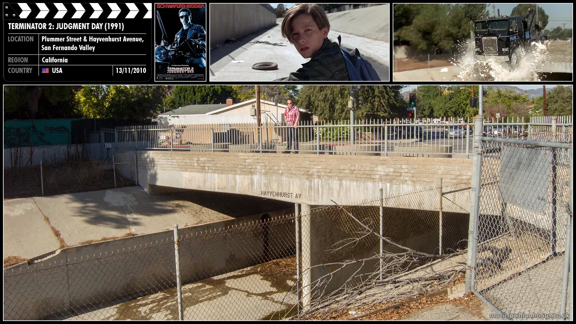 Filming location photo, shot in USA, for Terminator 2: Judgment Day (1991). Scene description: John (Edward Furlong) makes it to an old drainage canal, apparently to safety, but the T-1000's truck suddenly comes up from a bridge, crashes through the railing, and dives into the canal.